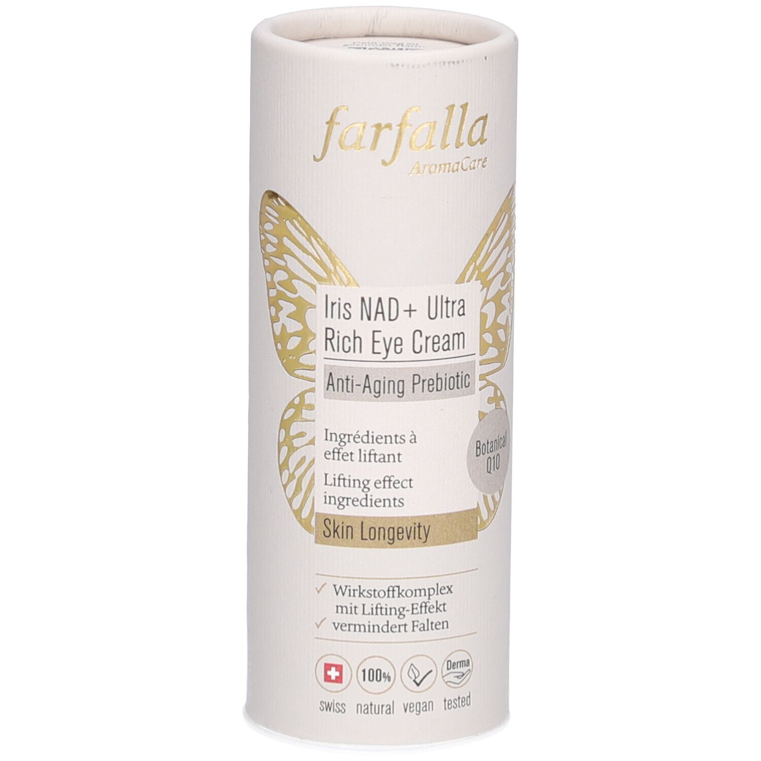 Cilindrische verpakking. Boven: merk Farfalla. Gouden vlinder. Productnaam: Iris NAD+ Ultra Rich Eye Cream. Tekst: Anti-Aging Prebiotic, Skin Longevity.