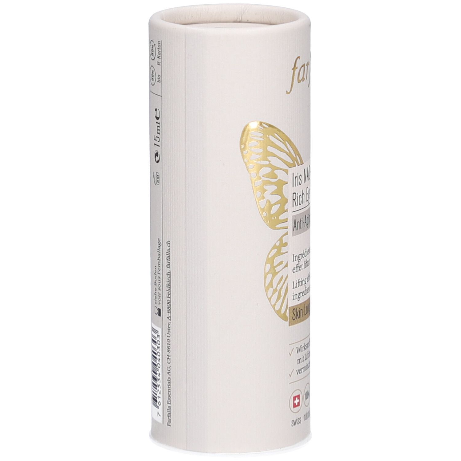 Cilindrische verpakking, zijaanzicht. Merk Farfalla. Gouden vlinder. Productnaam: Iris NAD+ Ultra Rich Eye Cream. Tekst: 15 ml.