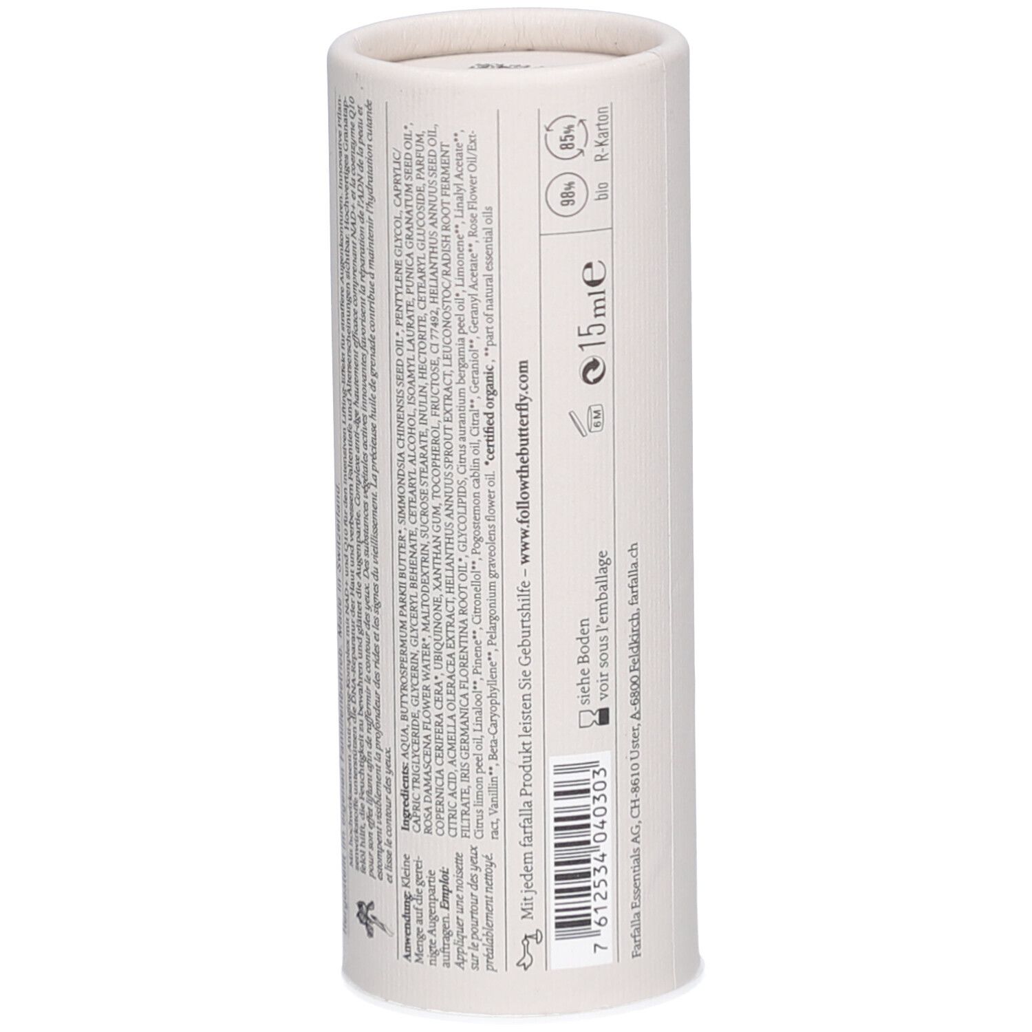 Cilindrische verpakking, achterkant. Tekst: Ingrediënten, 15 ml, verified organic. Adres fabrikant. Barcode.