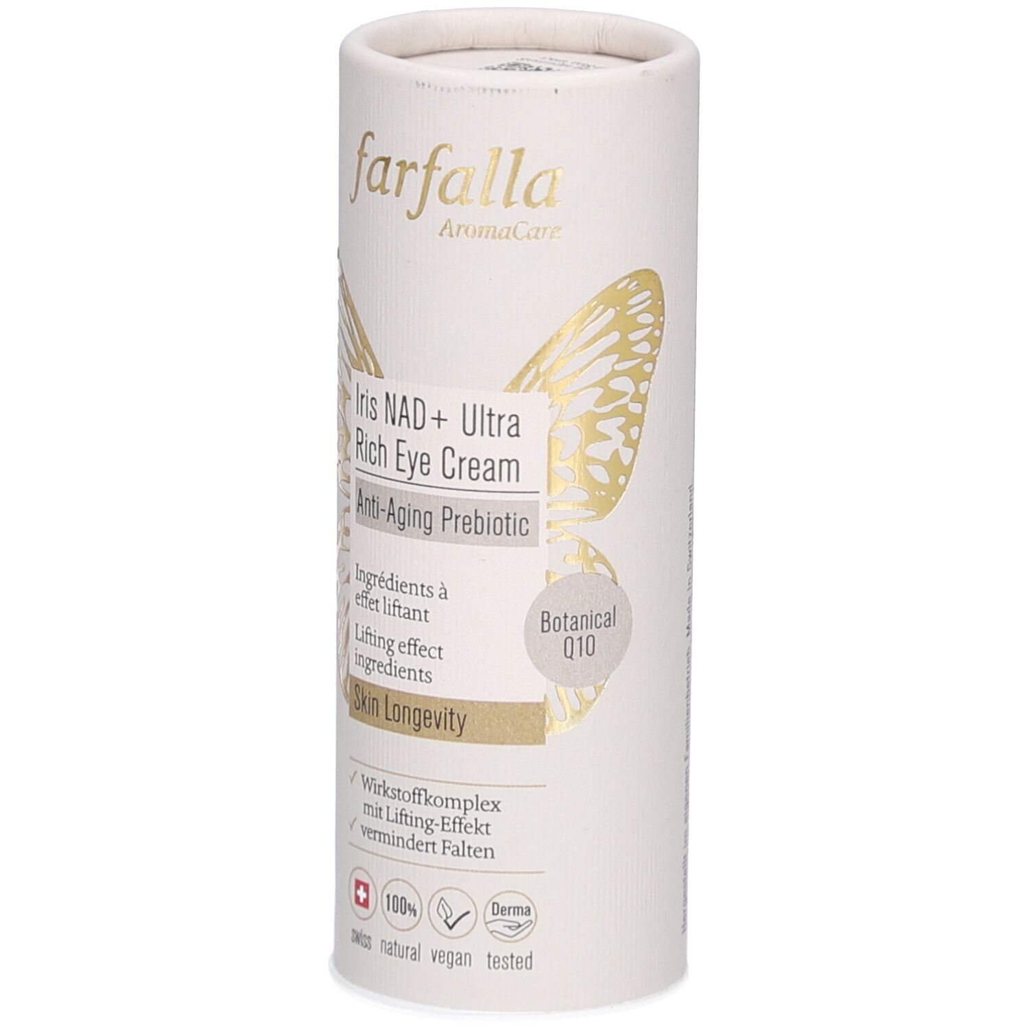 Cilindrische verpakking. Merk Farfalla. Gouden vlinder. Productnaam: Iris NAD+ Ultra Rich Eye Cream. Tekst: Anti-Aging Prebiotic, Skin Longevity.