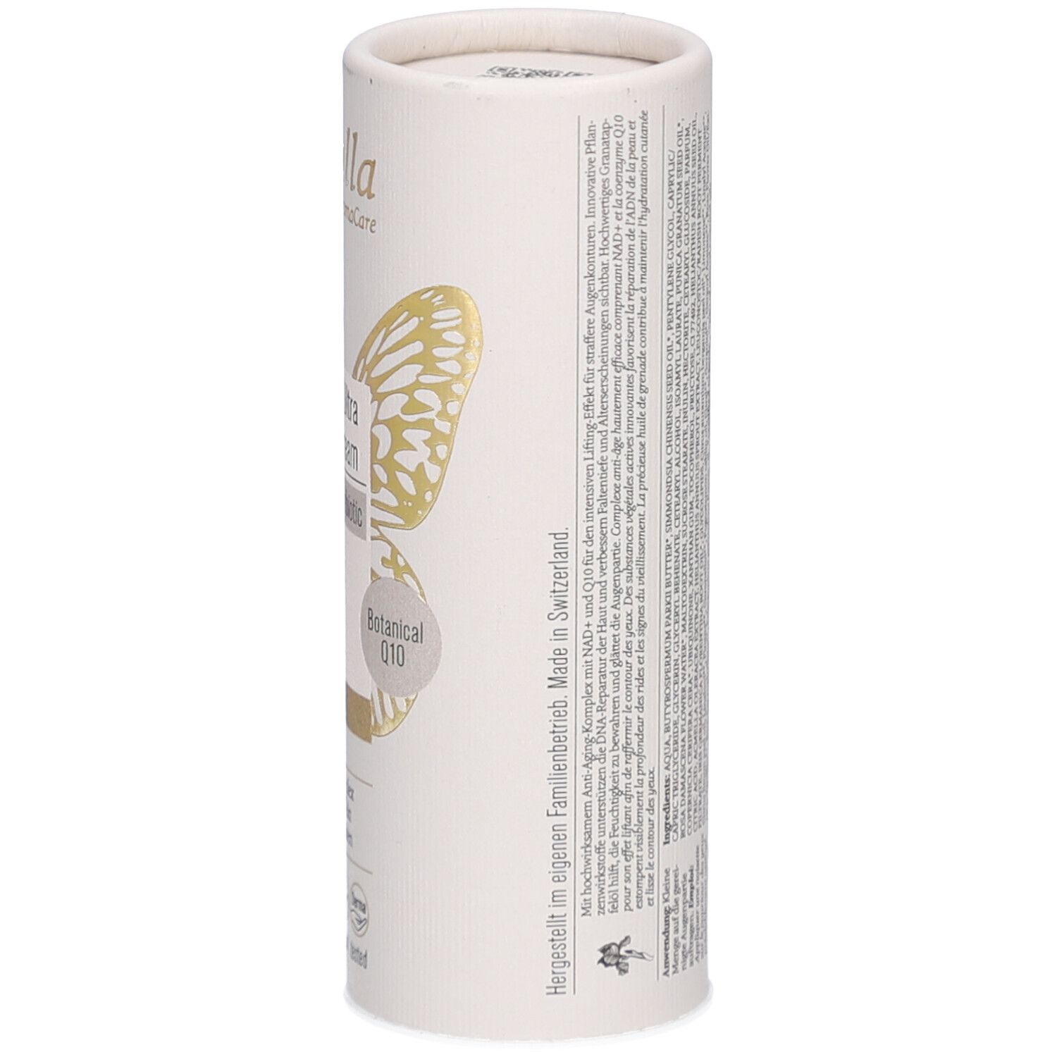 Cilindrische verpakking, schuin. Merk Farfalla. Gouden vlinder. Productnaam: Iris NAD+ Ultra Rich Eye Cream. Tekst: Botanical Q10, Made in Switzerland.