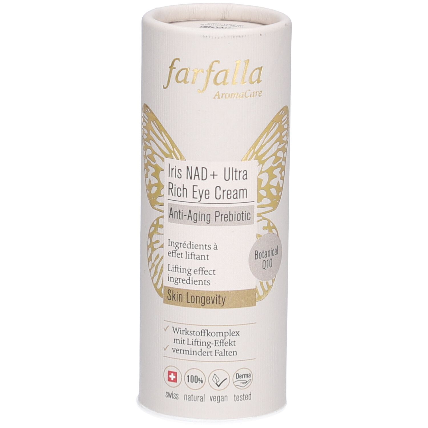 Cilindrische verpakking. Merk Farfalla. Gouden vlinder. Productnaam: Iris NAD+ Ultra Rich Eye Cream. Tekst: Anti-Aging Prebiotic, Skin Longevity.