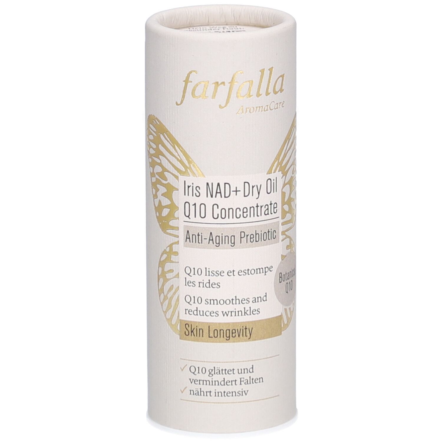 Cilindrische verpakking met productnaam en logo. Gouden vlinderdecoratie. Tekst: Iris NAD+ Dry Oil Q10 Concentrate.