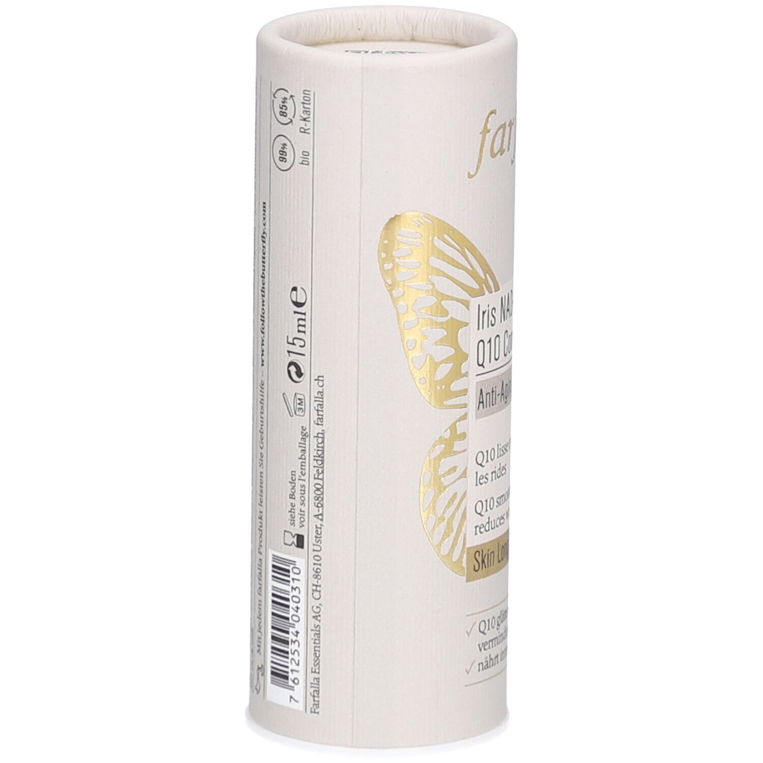 Zijaanzicht van de cilindrische verpakking. Tekst: 15ml, barcode, fabrikantinfo. Logo: Farfalla Essentials AG.