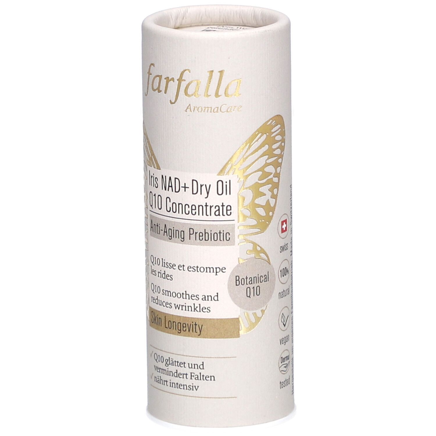 Cilindrische verpakking met productnaam en logo. Gouden vlinderdecoratie. Tekst: Iris NAD+ Dry Oil Q10 Concentrate. Certificeringen.