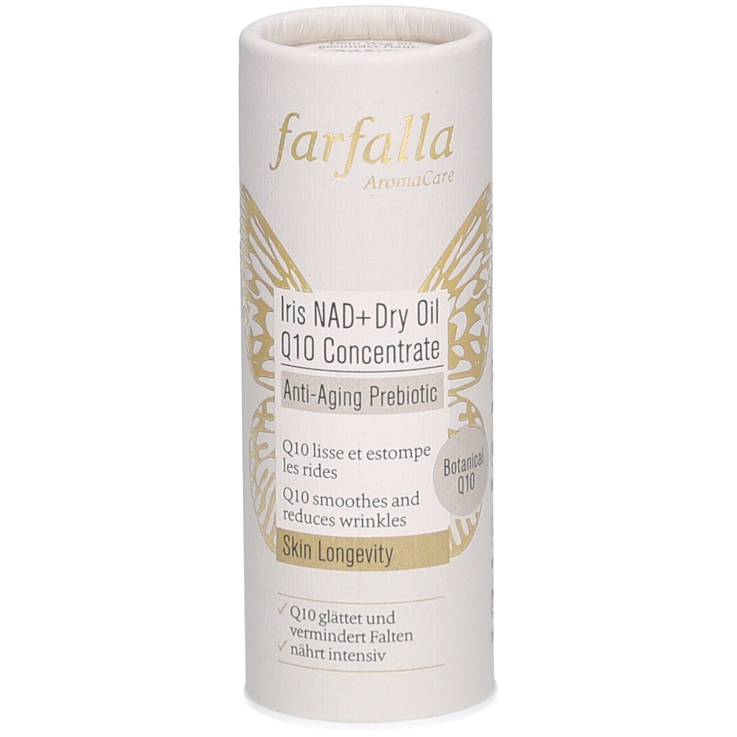 Cilindrische verpakking met productnaam en logo. Gouden vlinderdecoratie. Tekst: Iris NAD+ Dry Oil Q10 Concentrate.