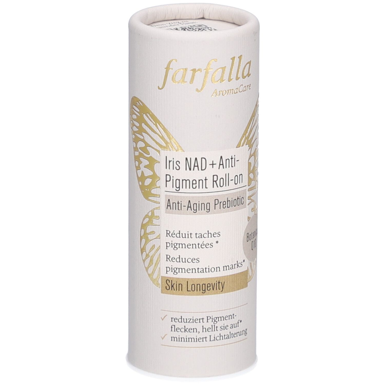 Emballage cylindrique avec nom du produit et motif papillon. Texte : Iris NAD+ Anti-Pigment Roll-on, Anti-Aging Prebiotic. Marque : farfalla.