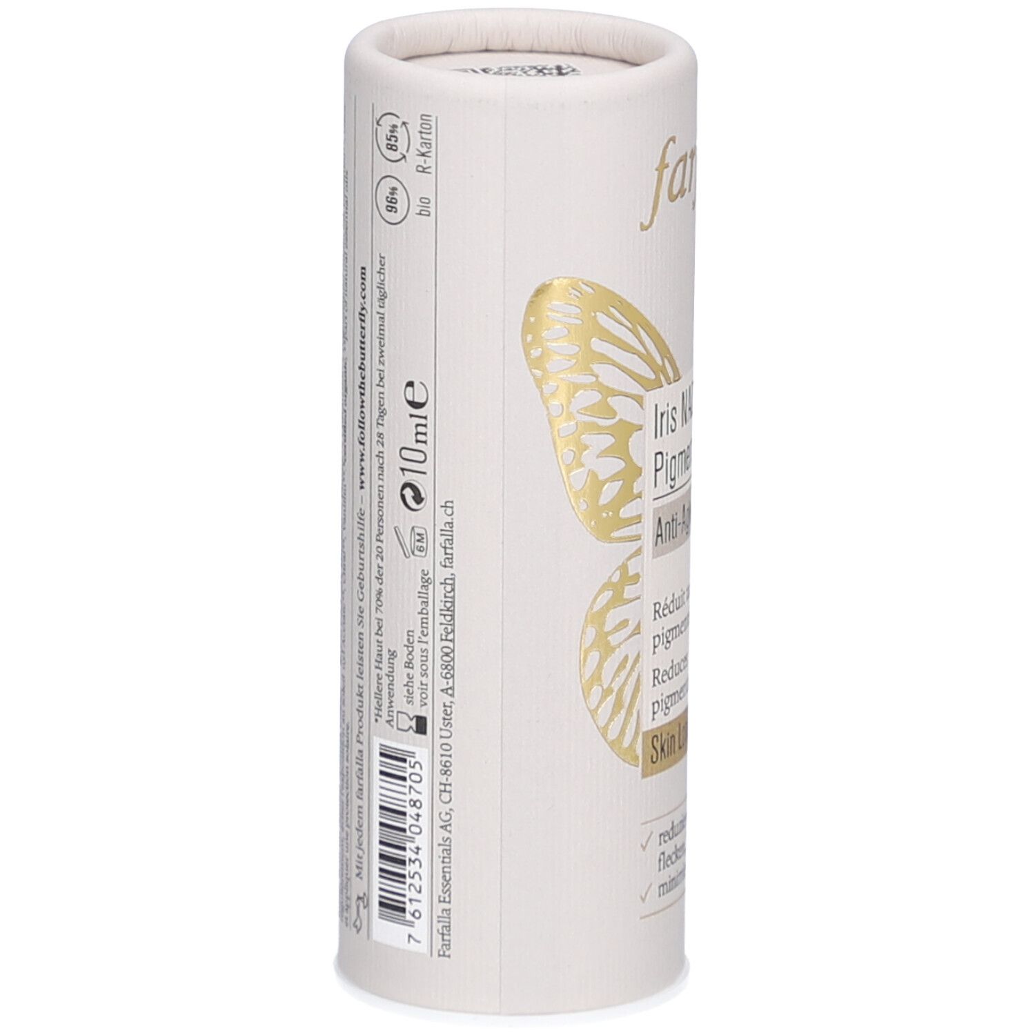 Vue latérale de l'emballage cylindrique. Texte : 10ml, www.followthebutterfly.com. Mentions : label bio, ingrédients, adresse du fabricant.