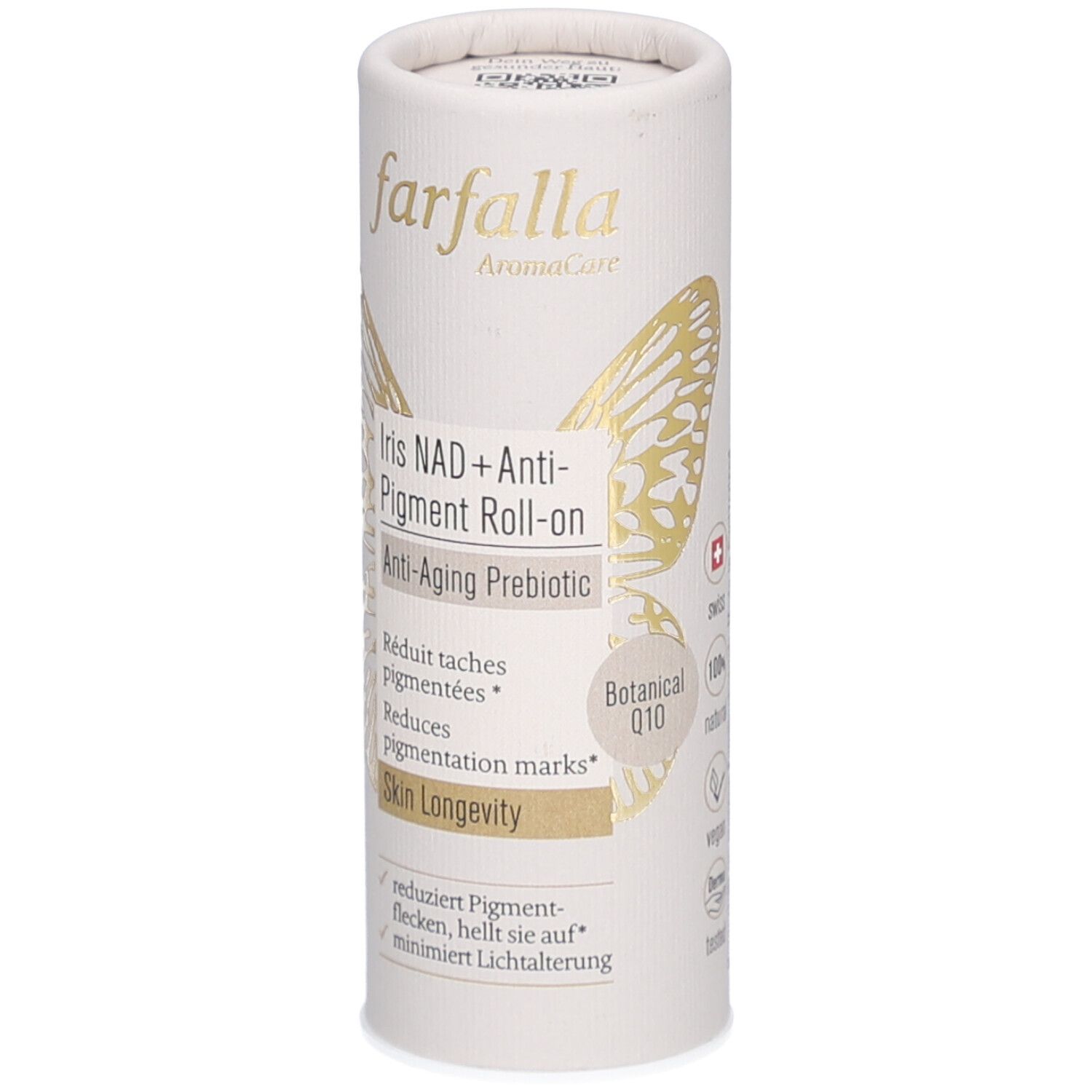 Emballage cylindrique avec nom du produit et motif papillon. Texte : Iris NAD+ Anti-Pigment Roll-on, Anti-Aging Prebiotic. Marque : farfalla.