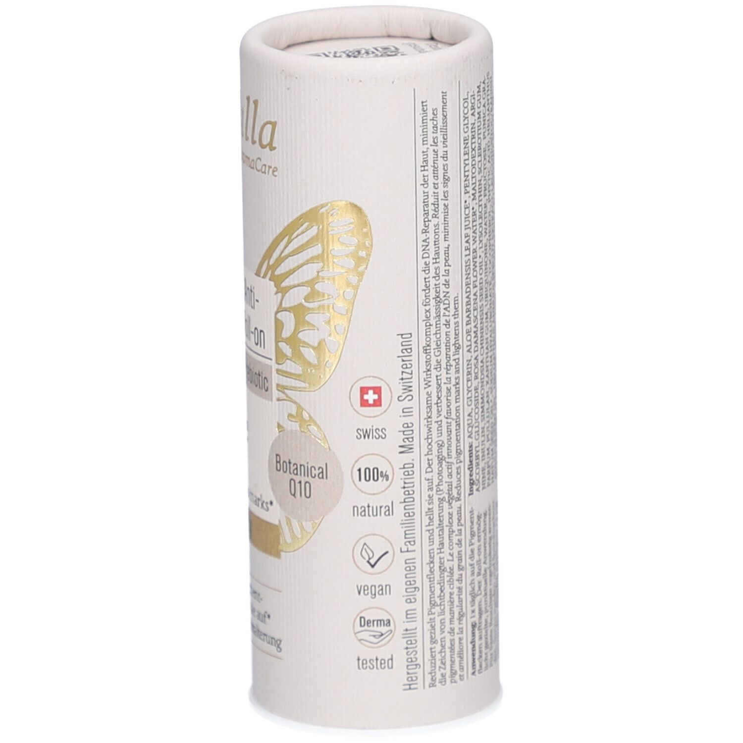 Gros plan sur l'emballage cylindrique. Texte : Swiss, 100% natural, vegan, Derma tested. Marque : farfalla. Texte supplémentaire.