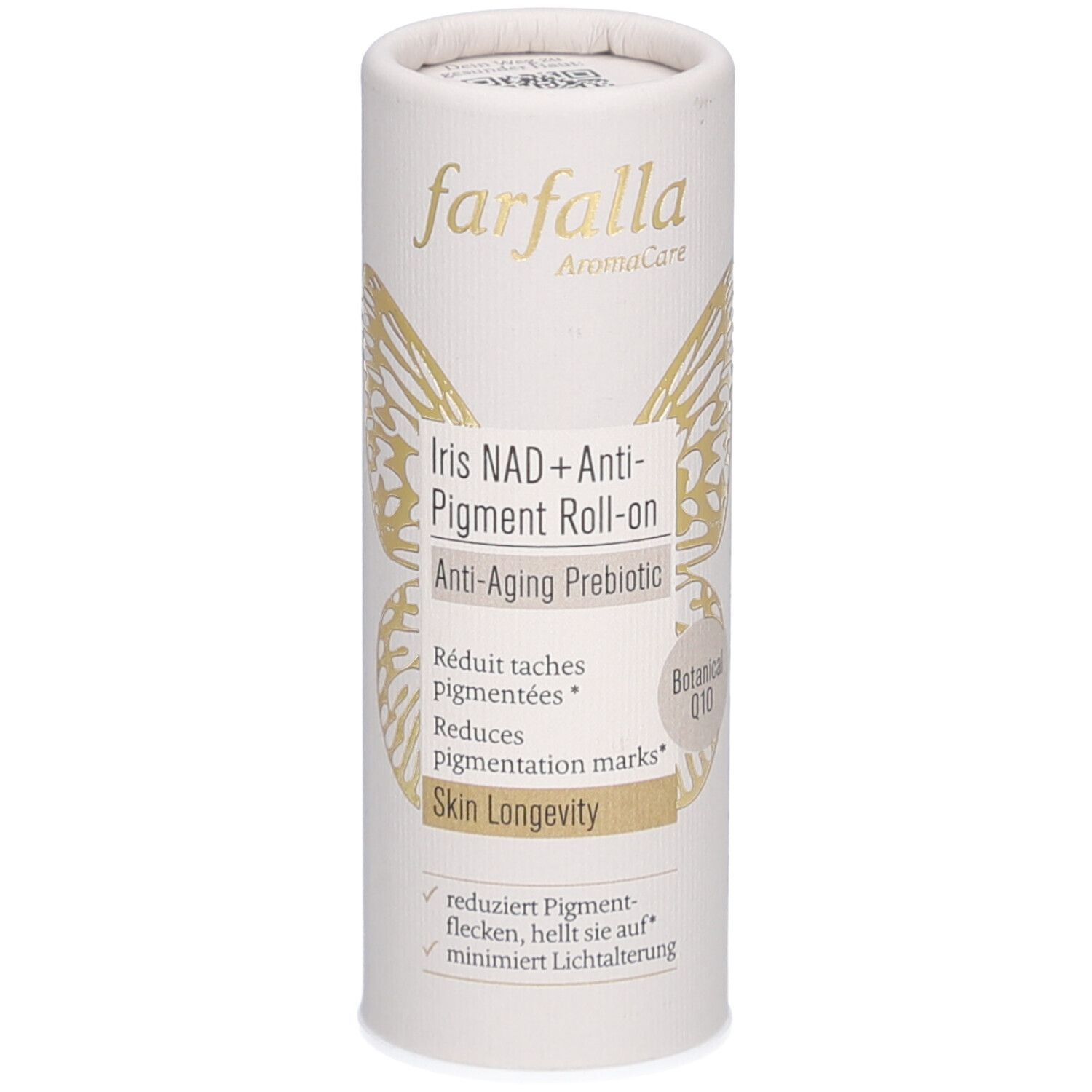 Emballage cylindrique avec nom du produit et motif papillon. Texte : Iris NAD+ Anti-Pigment Roll-on, Anti-Aging Prebiotic. Marque : farfalla.