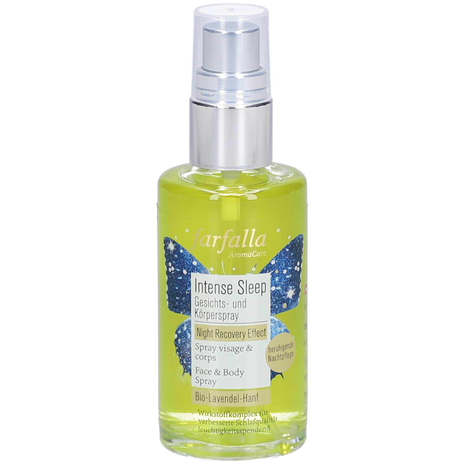 Flacon de spray pour le visage avec tête argentée. Étiquette avec nom du produit et motif papillon. Contient du chanvre bio-lavande.