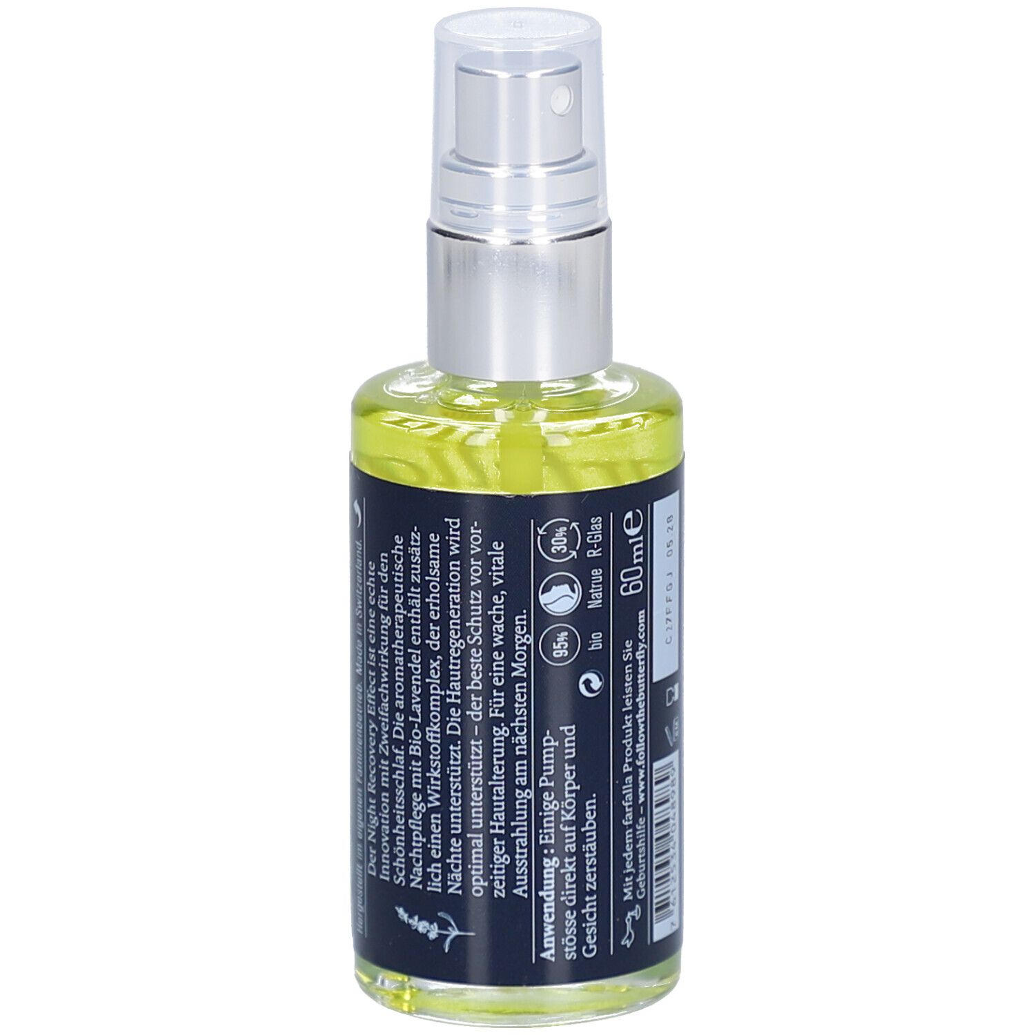 Flacon de spray pour le visage avec tête argentée. Dos avec texte et logos. Contient 60 ml. Ingrédients naturels.