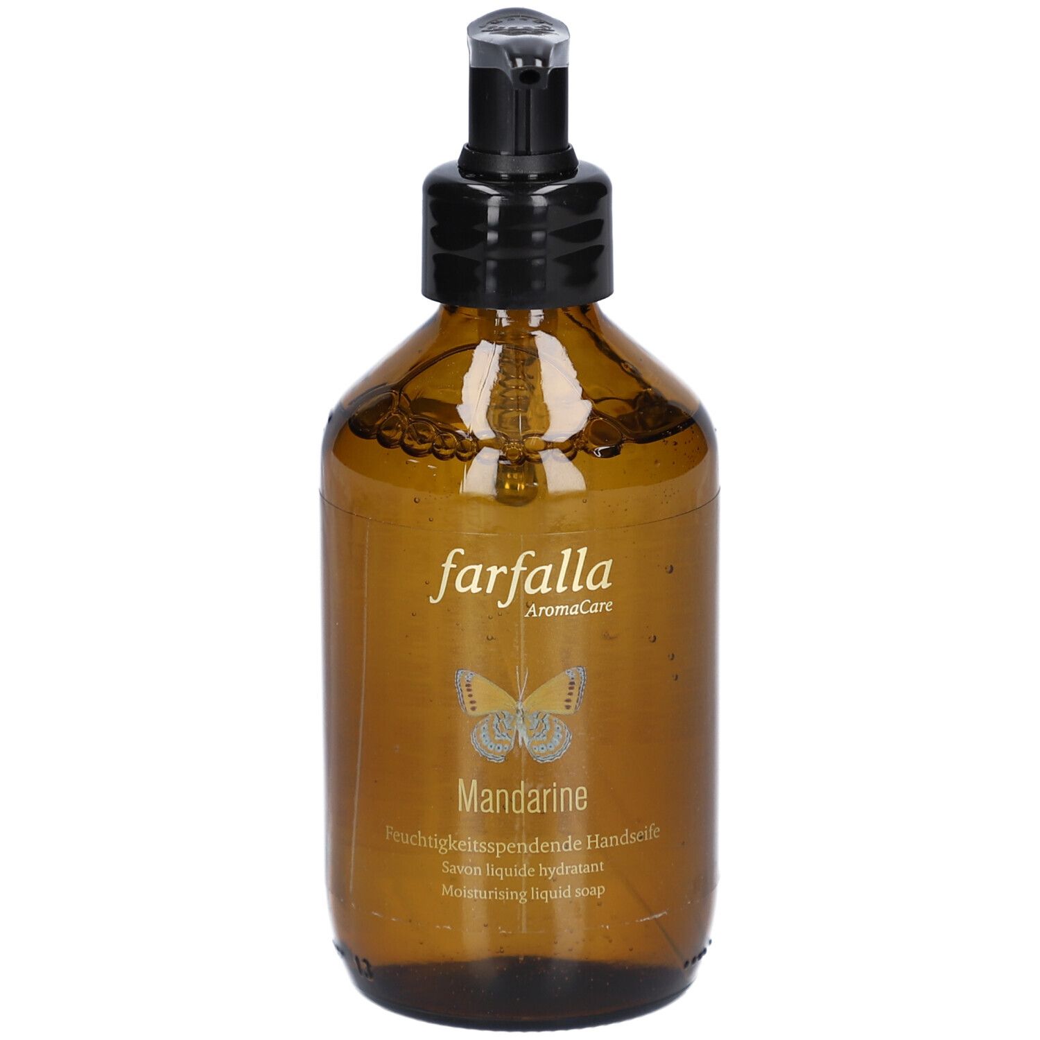 Bruine fles met zwarte pomp. Opschrift: farfalla, Mandarine, moisturizing liquid soap.
