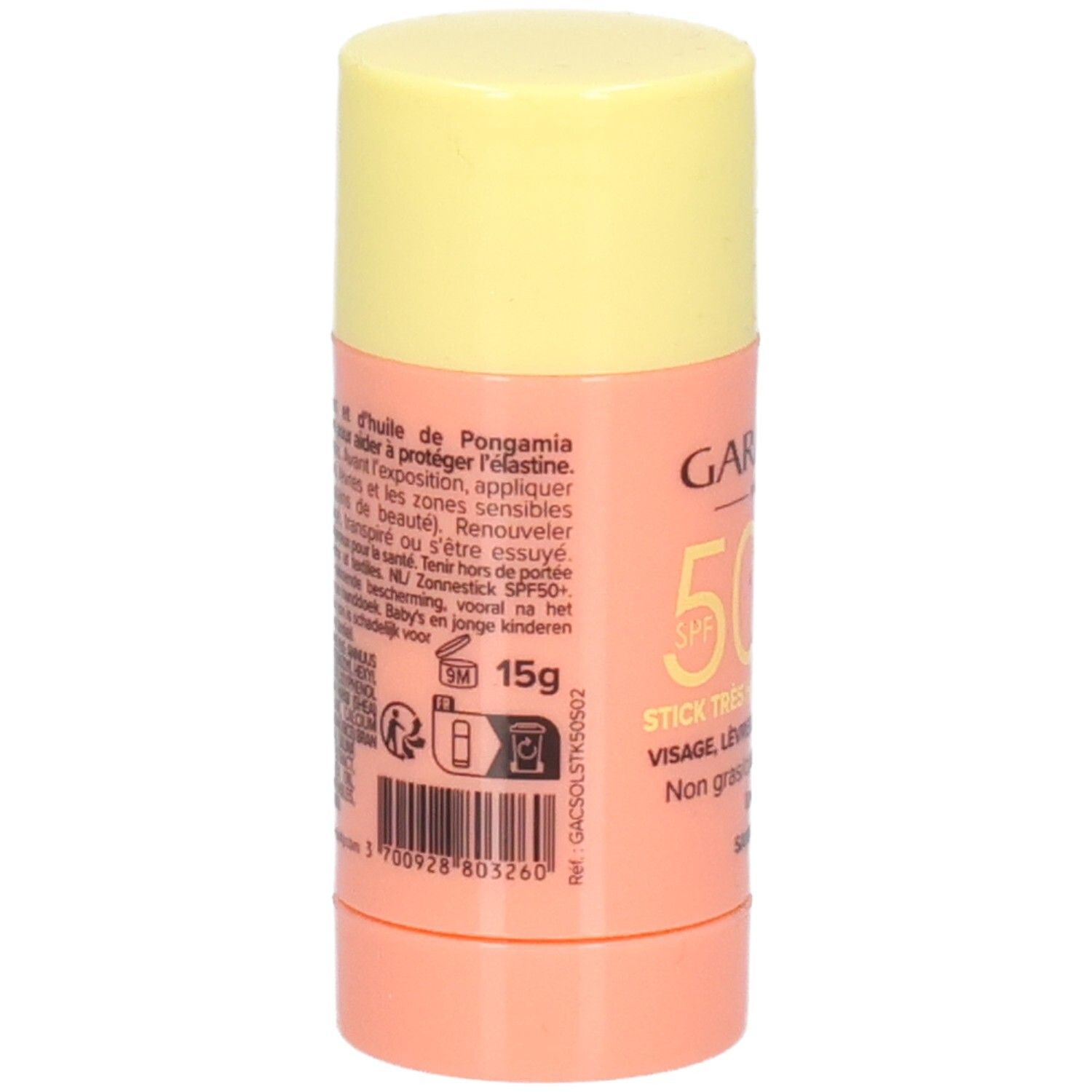 Zonnestick met gele dop en roze houder. Tekst: 15g, ingrediënten, gebruiksaanwijzing, barcode.