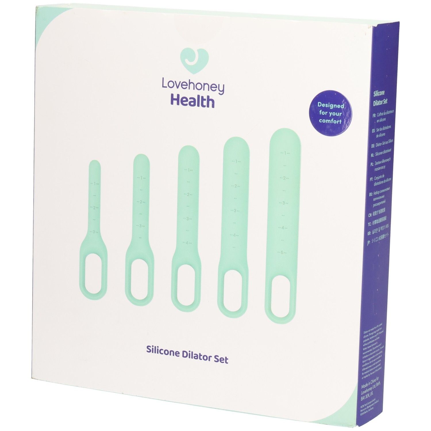 Verpakking met vijf mintgroene siliconen dilatatoren. Merk: Lovehoney Health. Opschrift: Silicone Dilator Set.