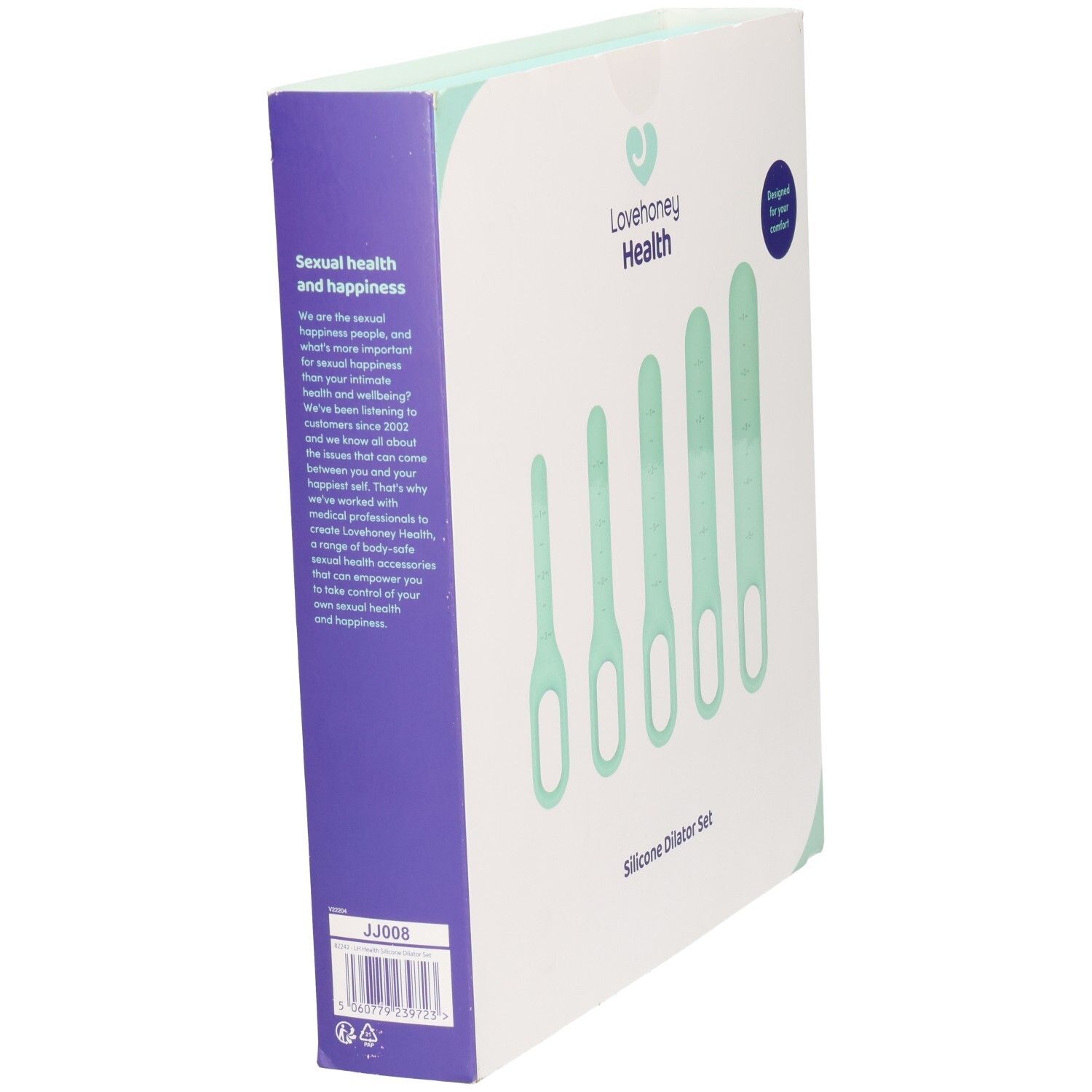 Verpakking met vijf mintgroene siliconen dilatatoren. Merk: Lovehoney Health. Opschrift: Silicone Dilator Set.