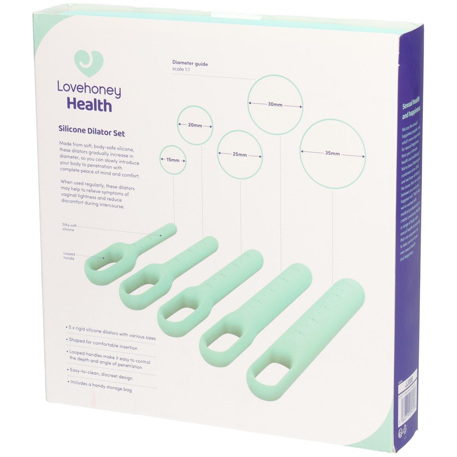 Achterkant van de verpakking met vijf siliconen dilatatoren. Merk: Lovehoney Health. Opschrift: Silicone Dilator Set. Maatindicaties.