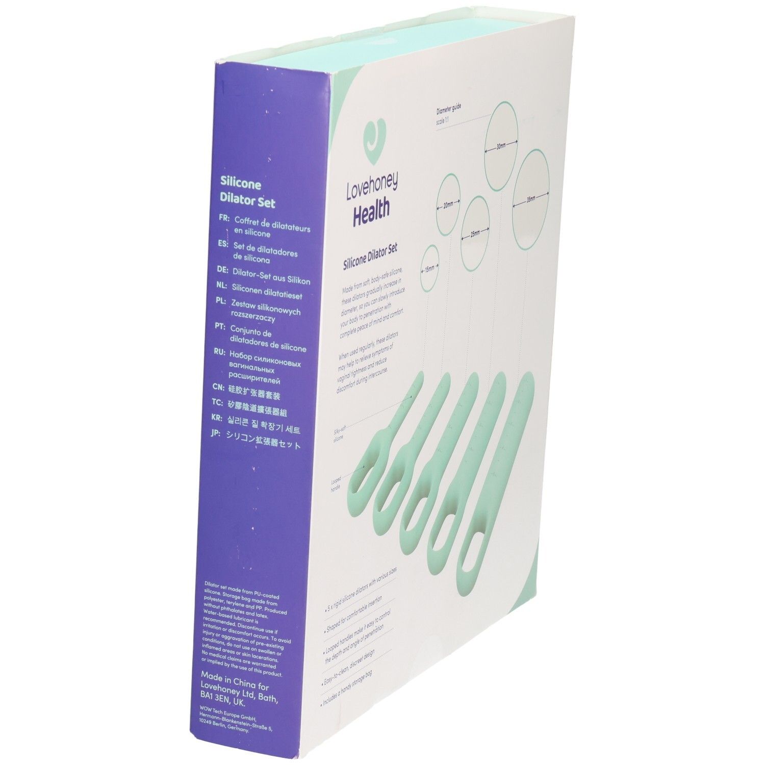 Verpakking met vijf mintgroene siliconen dilatatoren. Merk: Lovehoney Health. Opschrift: Silicone Dilator Set. Meertalige teksten.