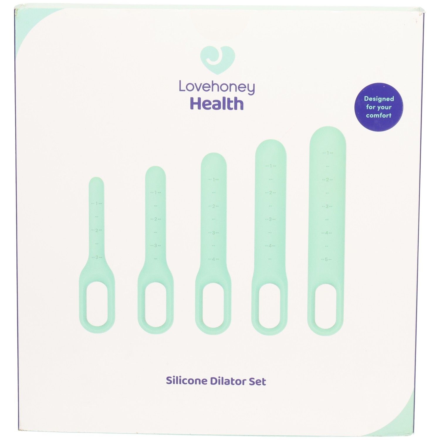 Verpakking met vijf mintgroene siliconen dilatatoren. Merk: Lovehoney Health. Opschrift: Silicone Dilator Set.