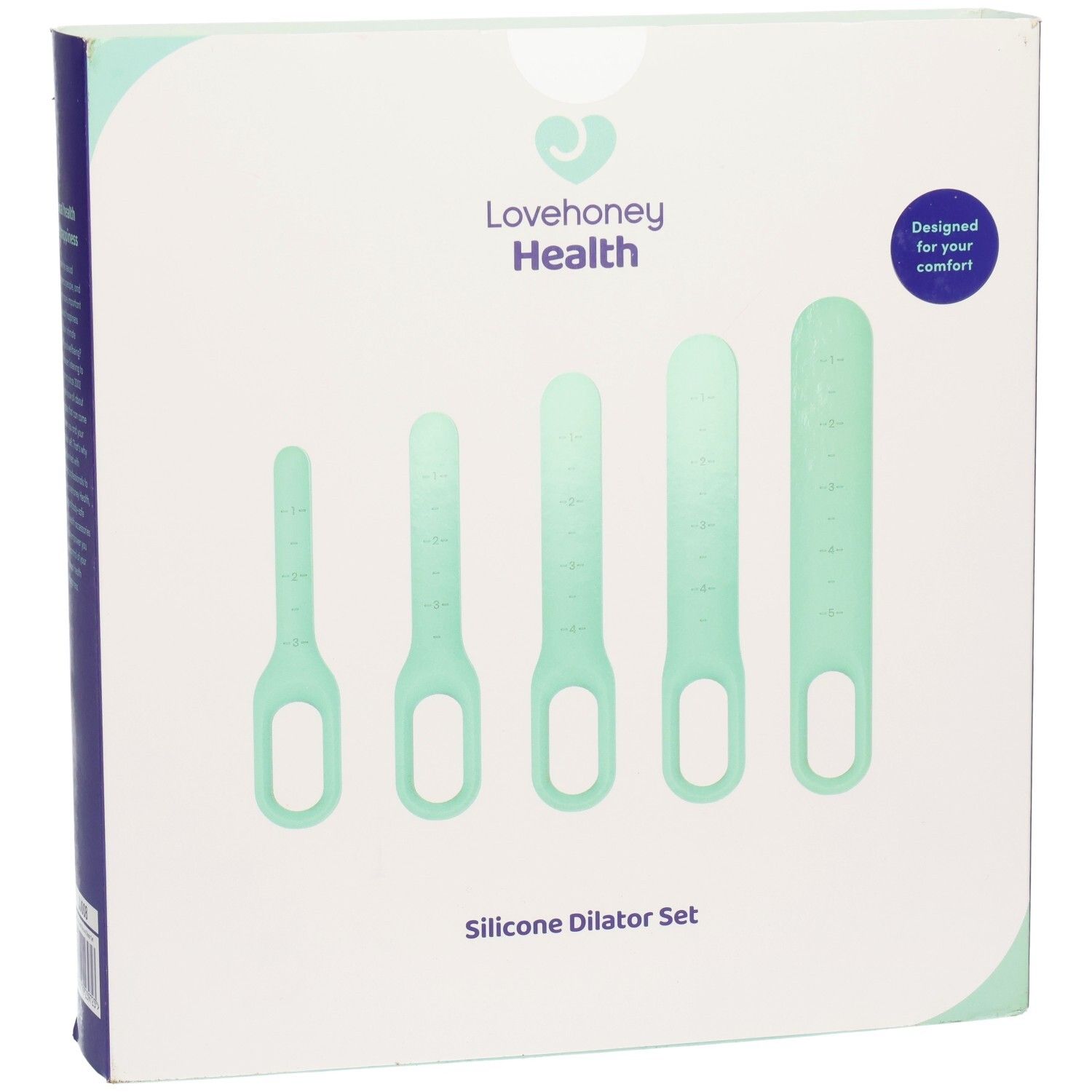 Verpakking met vijf mintgroene siliconen dilatatoren. Merk: Lovehoney Health. Opschrift: Silicone Dilator Set.