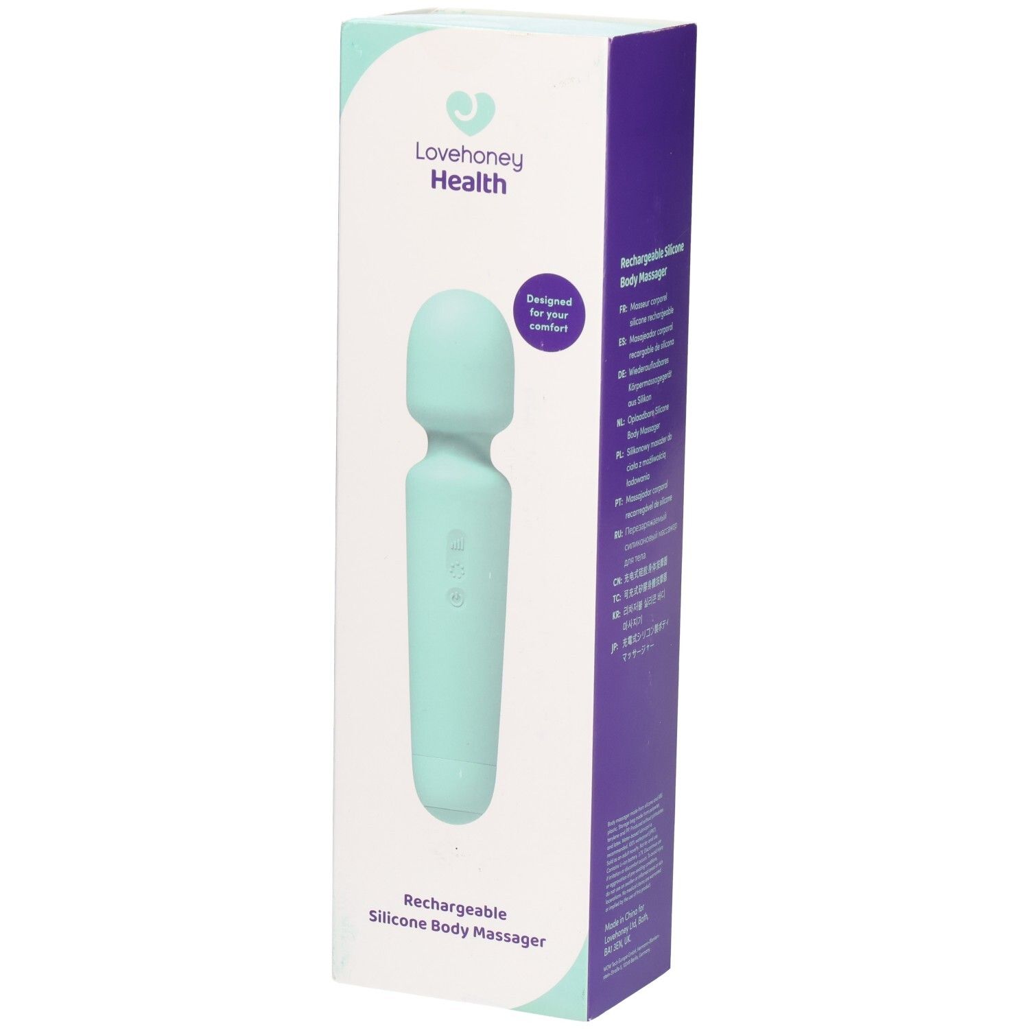 Masseur corporel rechargeable en silicone turquoise dans son emballage. Marque : Lovehoney Health. Texte : Rechargeable Silicone Body Massager.