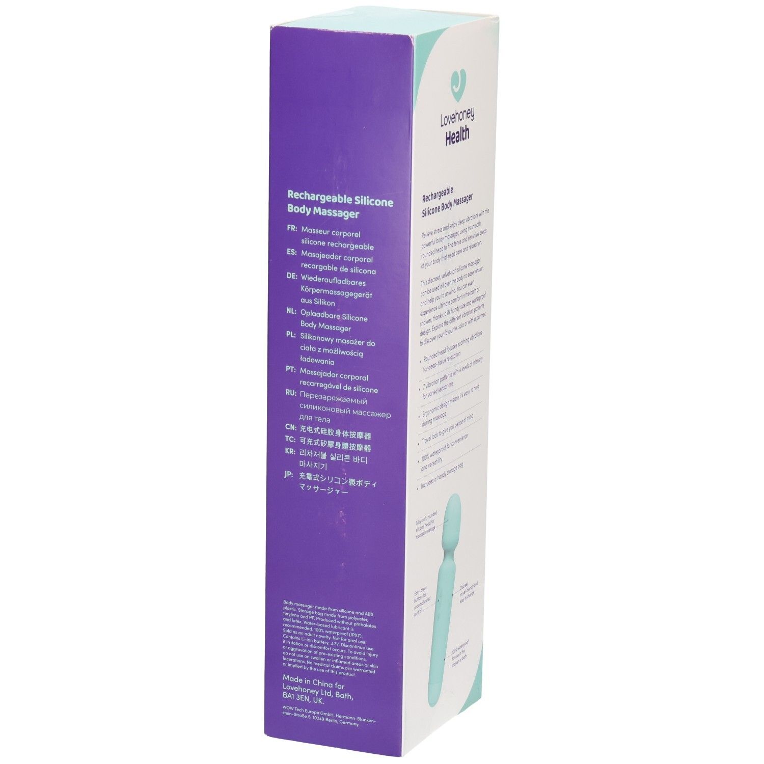 Emballage du masseur. Texte : Lovehoney Health. Texte : Rechargeable Silicone Body Massager. Informations produit multilingues.