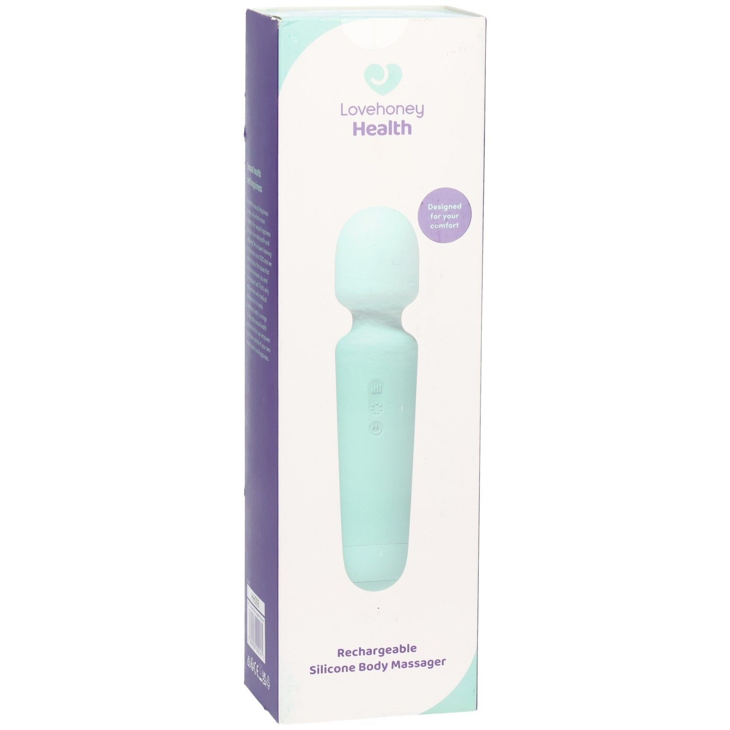 Masseur corporel rechargeable en silicone turquoise dans son emballage. Marque : Lovehoney Health. Texte : Rechargeable Silicone Body Massager.