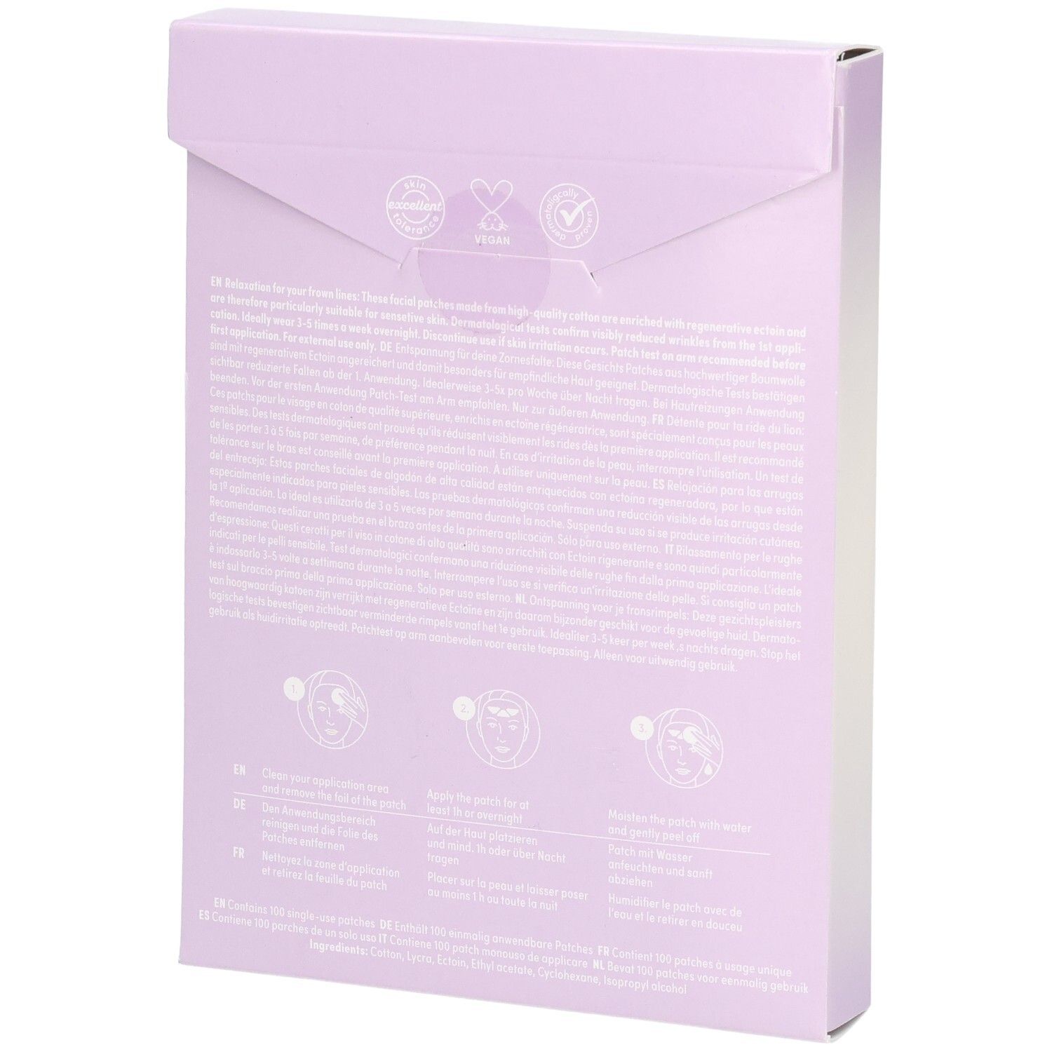 Dos d'une boîte lilas avec texte et logos. Contient des informations sur le produit.