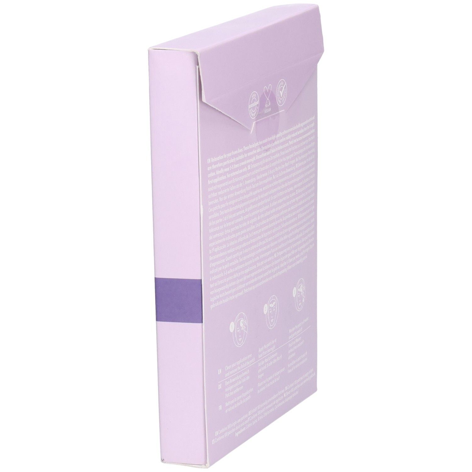 Boîte lilas avec texte et logos. Contient des informations sur le produit.