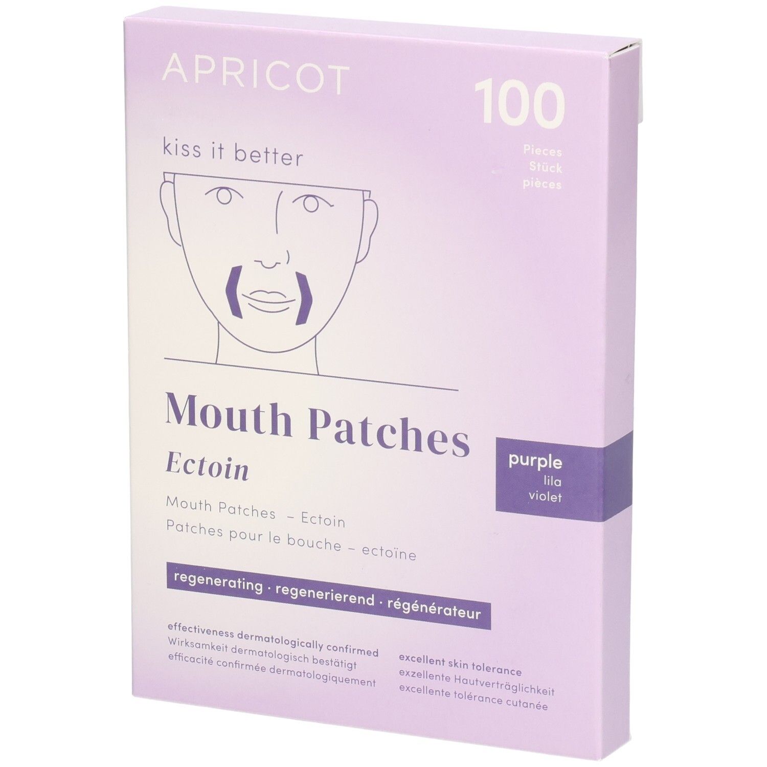 Boîte violette de patchs pour la bouche. Inscription: APRICOT, 100 pièces. Texte: Mouth Patches Ectoin, régénérant. Teinte violette.