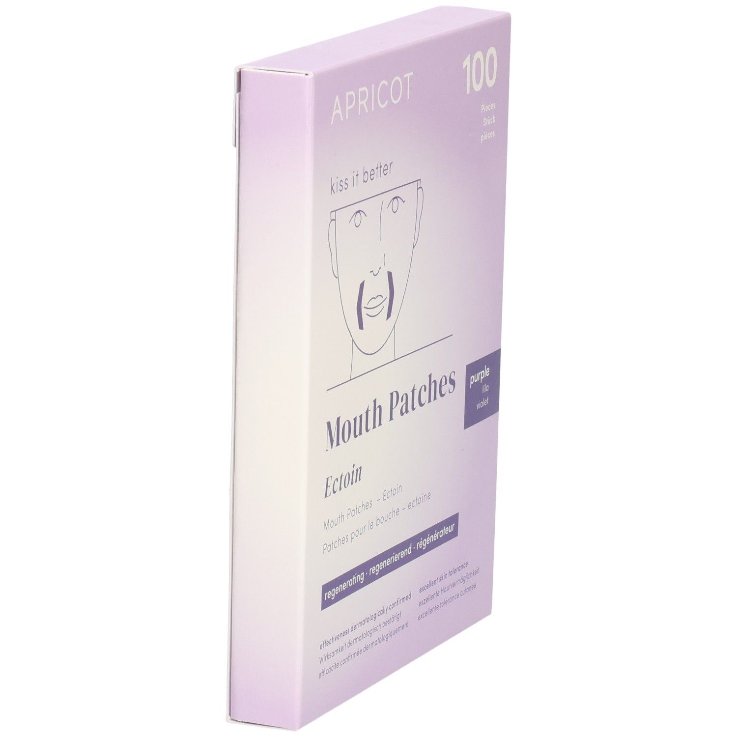 Boîte violette de patchs pour la bouche. Inscription: APRICOT, 100 pièces. Texte: Mouth Patches Ectoin, régénérant. Vue latérale.