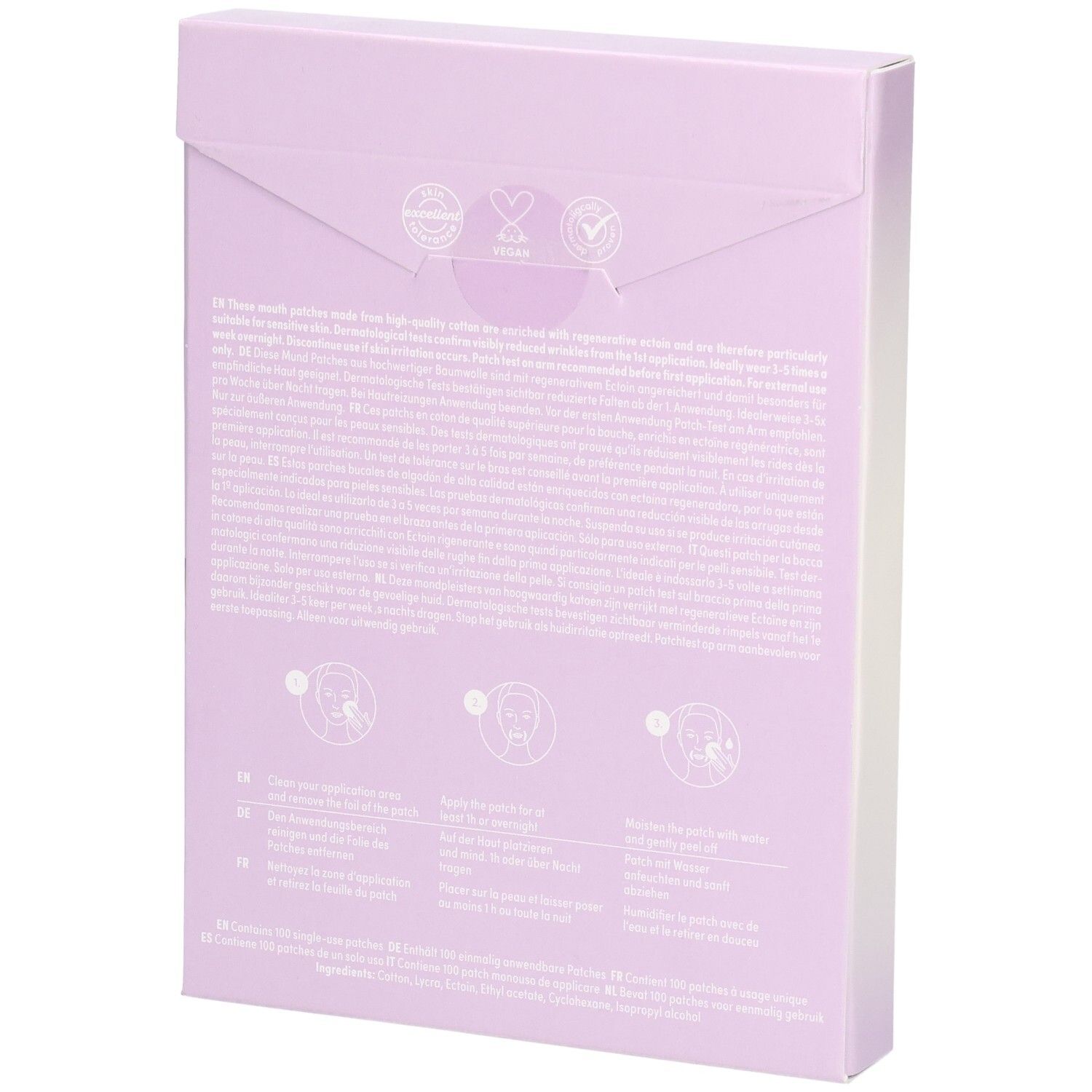 Dos d'une boîte violette de patchs pour la bouche. Texte et illustrations. Informations sur l'utilisation et les ingrédients.