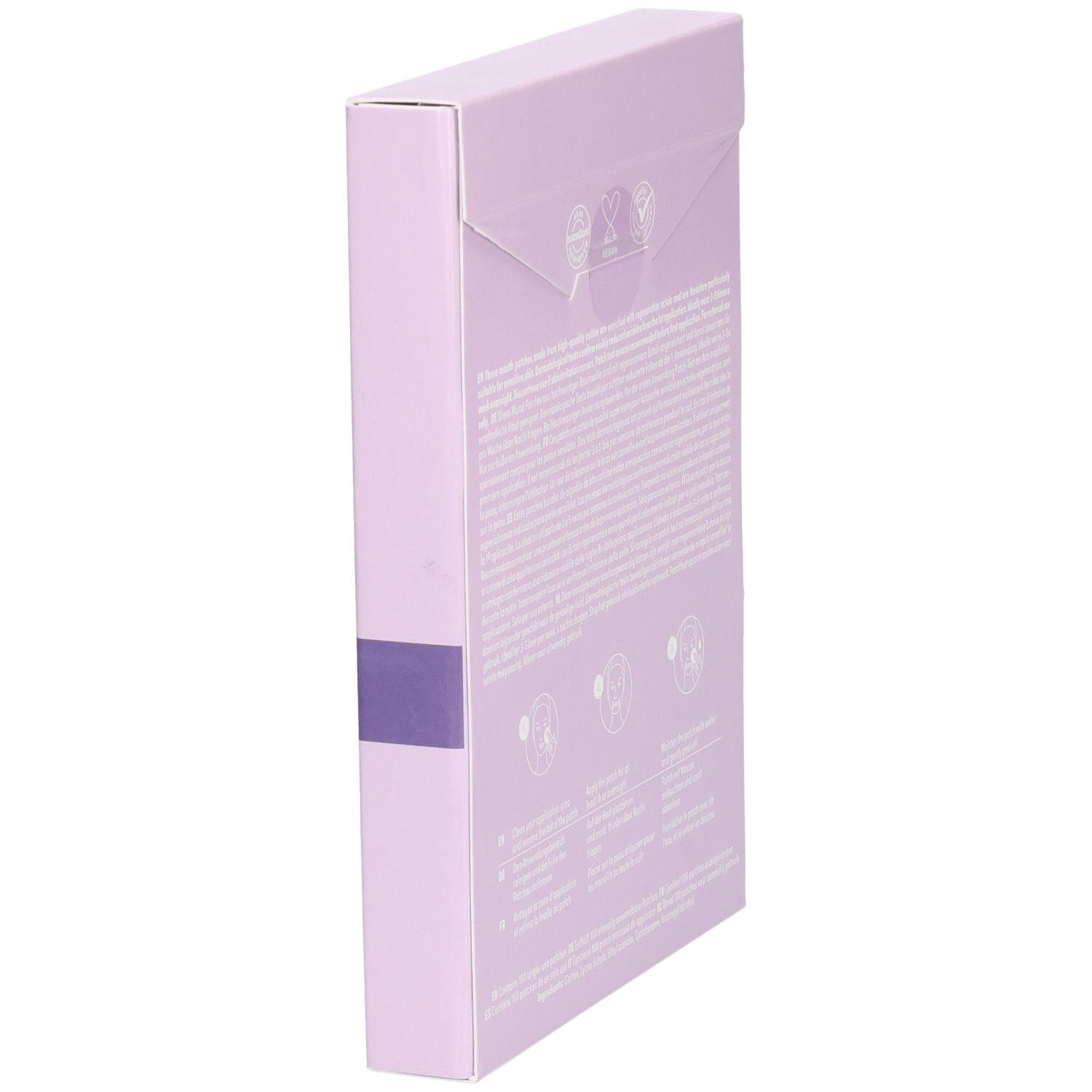 Vue latérale d'une boîte violette de patchs pour la bouche. Texte et illustrations. Informations sur l'utilisation et les ingrédients.