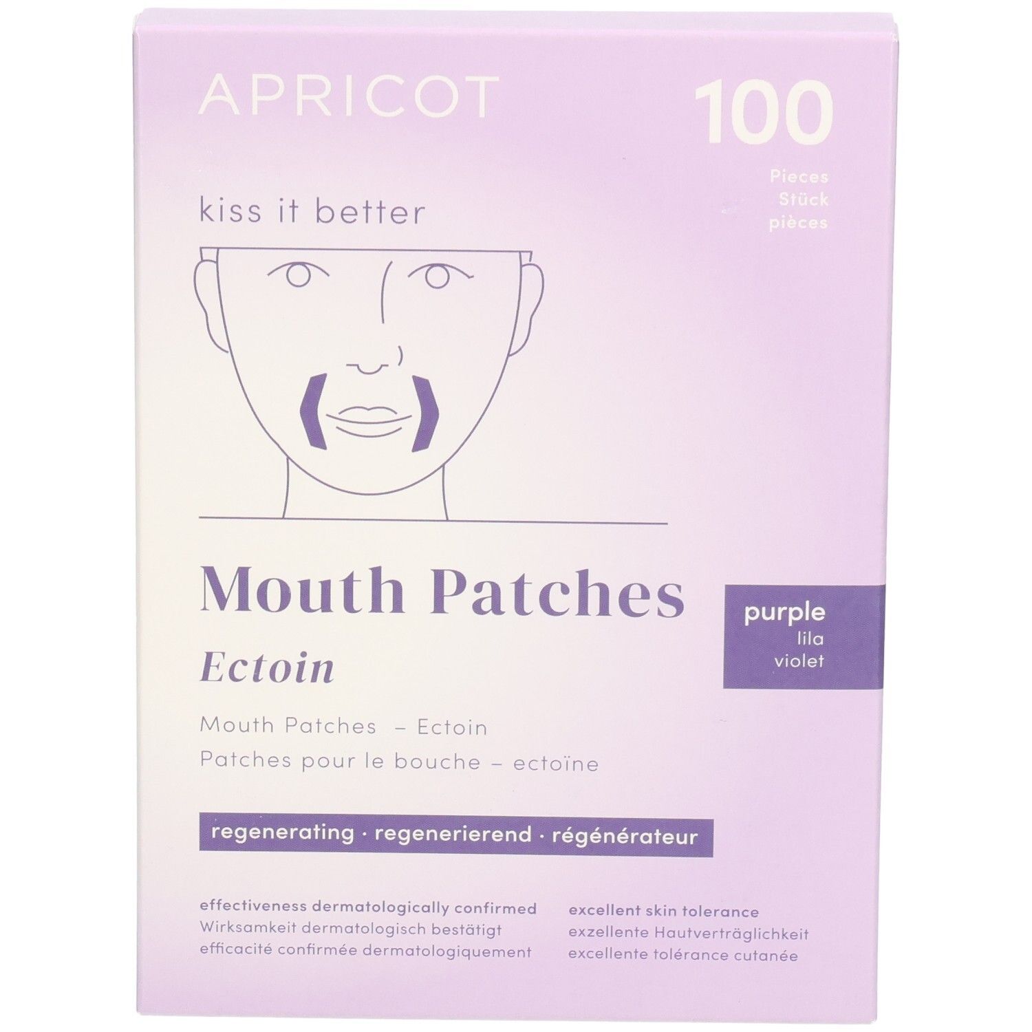 Boîte violette de patchs pour la bouche. Inscription: APRICOT, 100 pièces. Texte: Mouth Patches Ectoin, régénérant. Teinte violette.