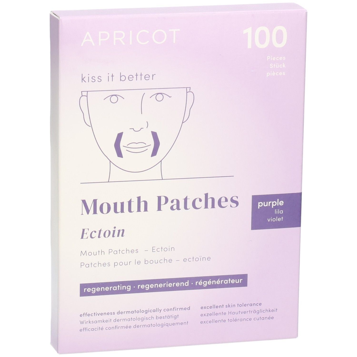 Boîte violette de patchs pour la bouche. Inscription: APRICOT, 100 pièces. Texte: Mouth Patches Ectoin, régénérant. Teinte violette.