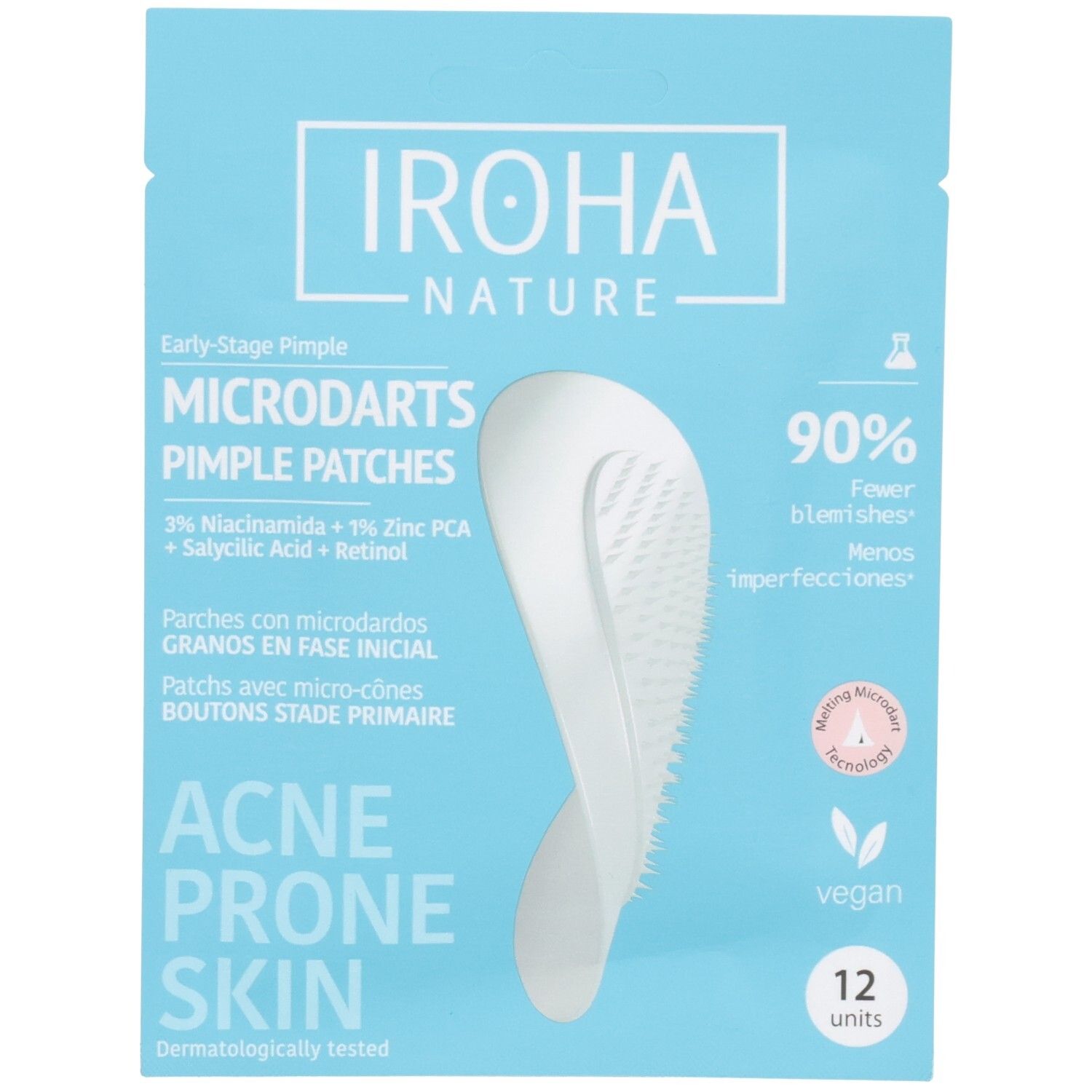 IROHA NATURE Microdarts puistjespleisters voor acne-gevoelige huid, 12 stuks.