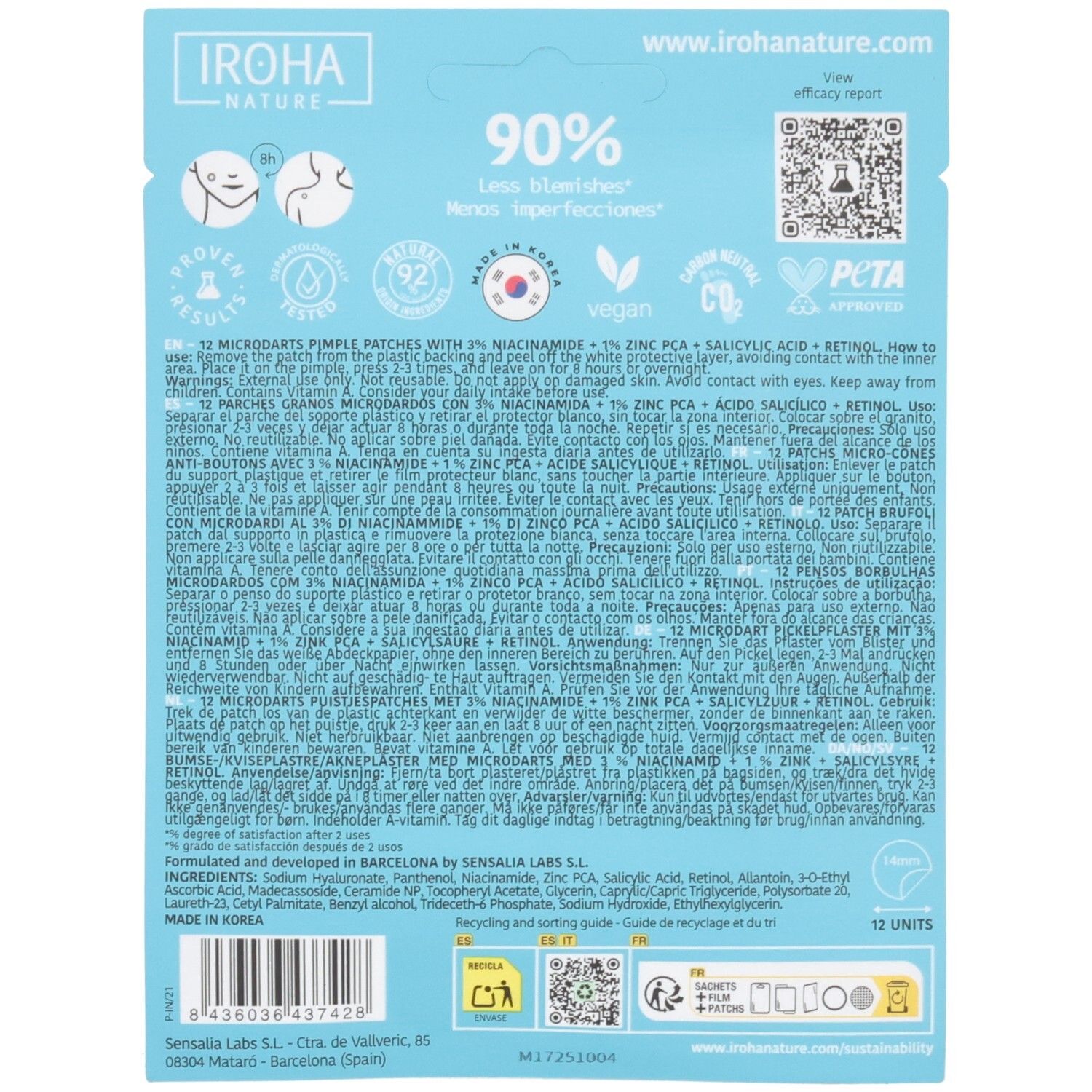Achterkant van de IROHA NATURE Microdarts puistjespleisters met ingrediënten en instructies.