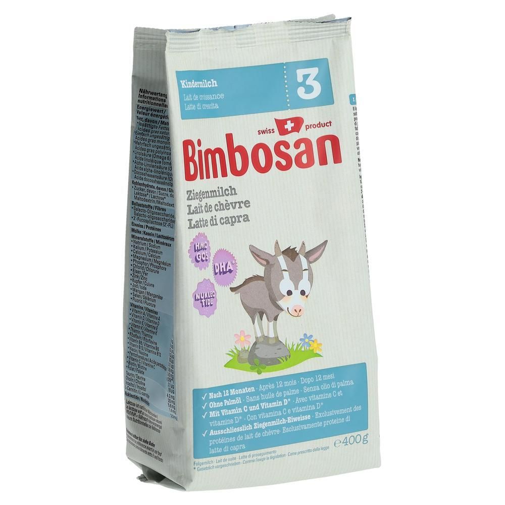 Verpakking van Bimbosan 3 geitenmelk. Kenmerken: geitenmelk, DHA, HMO, GOS. Illustratie van een geit.