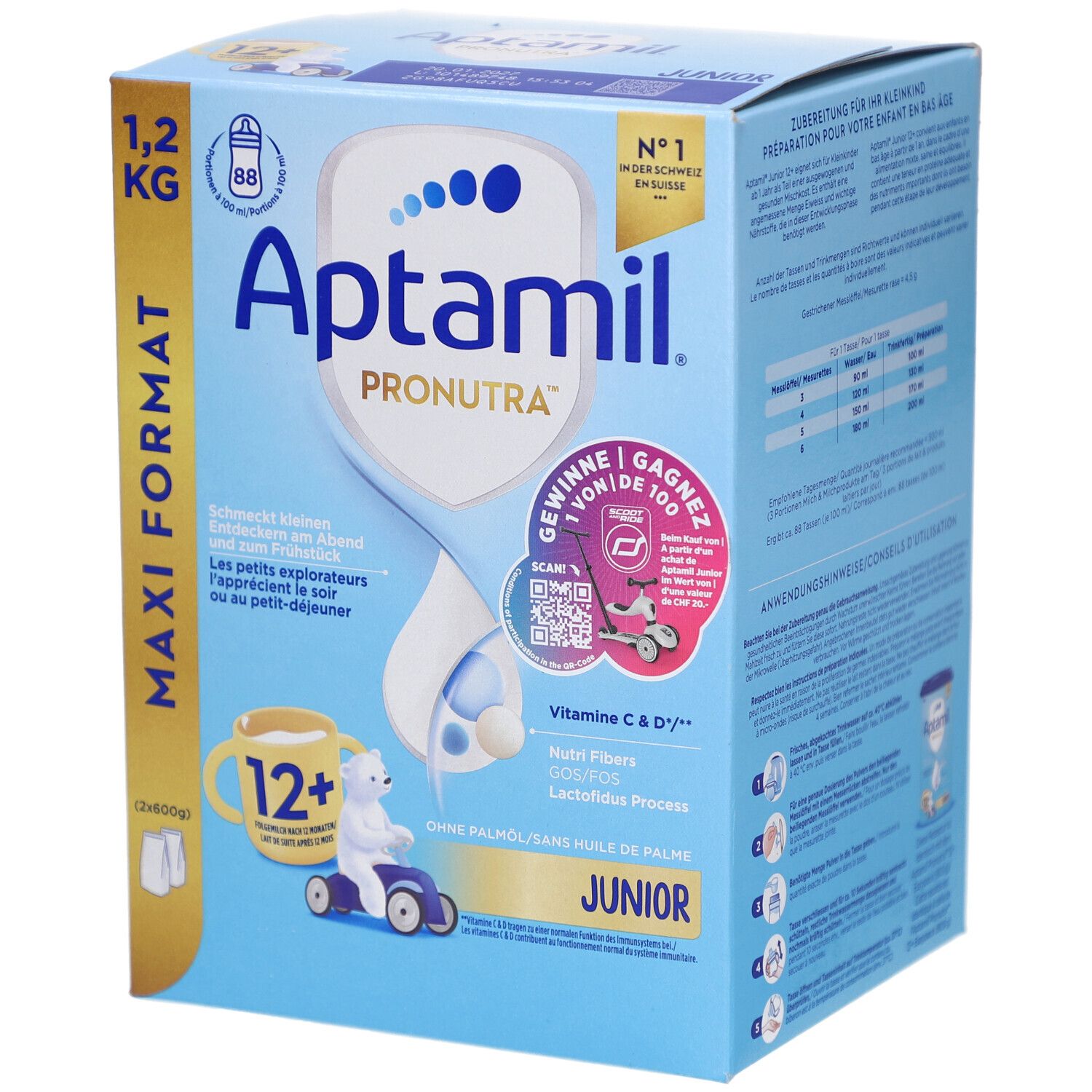 Aptamil PRONUTRA Junior 12+ Folgemilch ab 1 Jahr. Boîte bleue, format Maxi 1,2 kg. Ours et tasse.