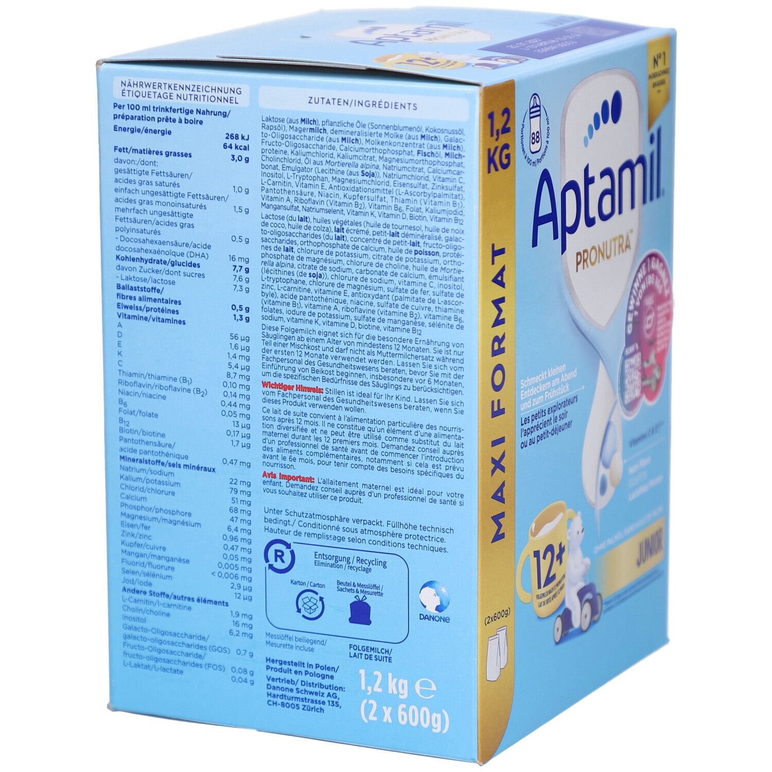 Aptamil PRONUTRA Junior 12+ Folgemilch ab 1 Jahr. Emballage avec informations nutritionnelles et ingrédients. 1,2 kg.