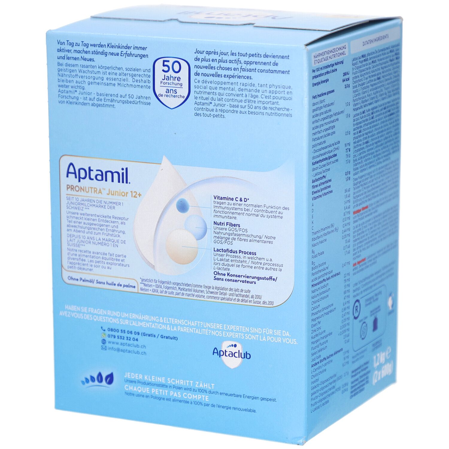 Aptamil PRONUTRA Junior 12+ Folgemilch ab 1 Jahr. Dos de l'emballage avec texte et logo. 50 ans.
