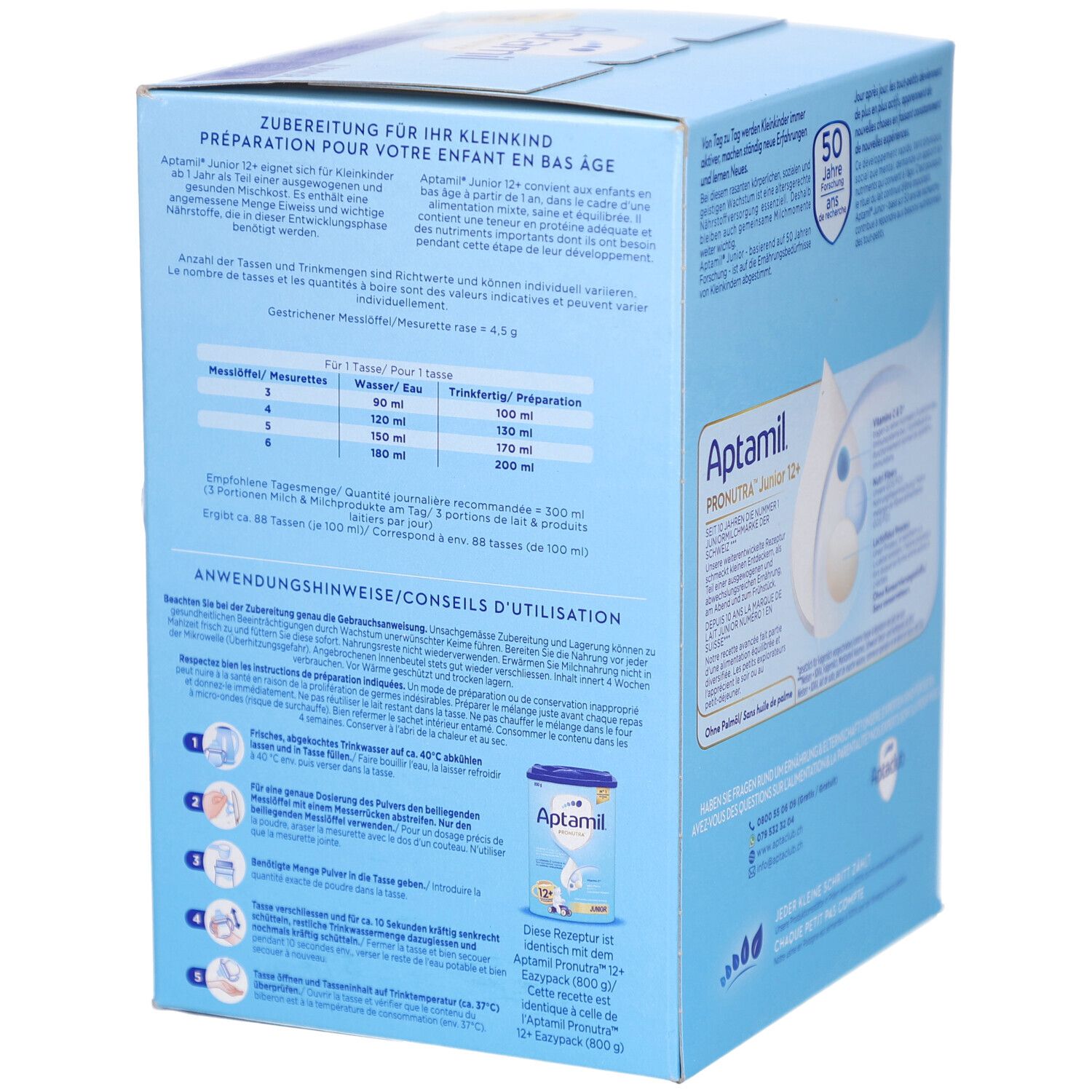 Aptamil PRONUTRA Junior 12+ Folgemilch ab 1 Jahr. Emballage avec instructions de préparation. Couleur bleue.