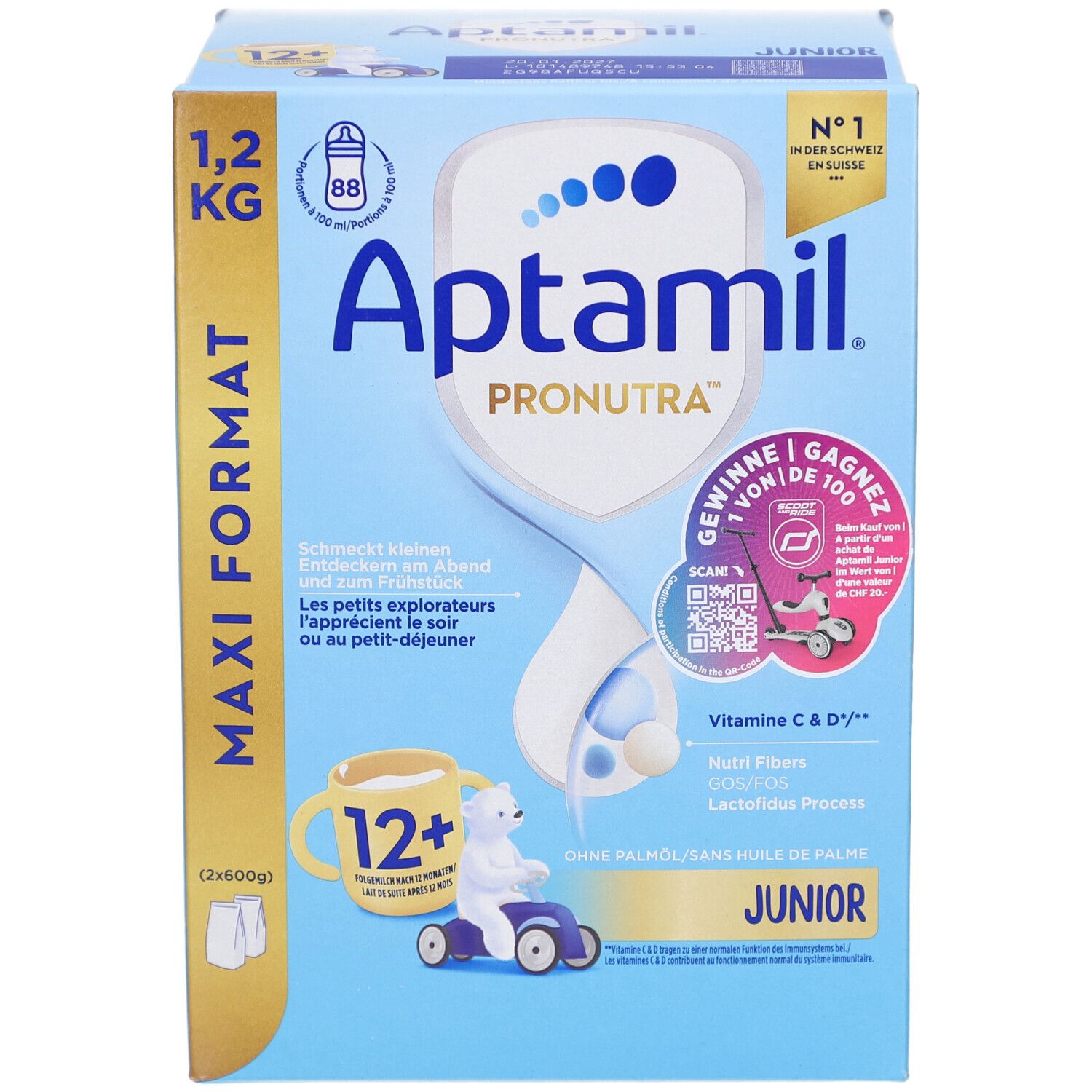 Aptamil PRONUTRA Junior 12+ Folgemilch ab 1 Jahr. Boîte bleue, format Maxi 1,2 kg. Ours et tasse.