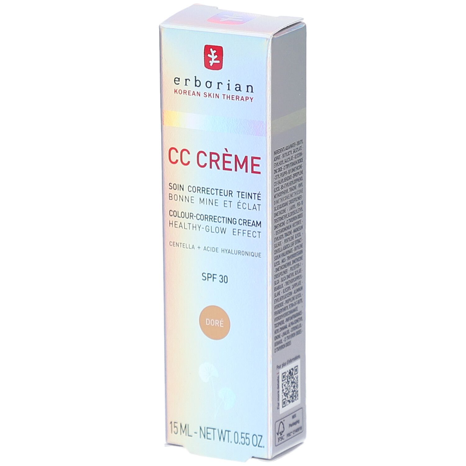 Erborian CC Crème doré, 15 ml. Crème correctrice de teint avec SPF 30. Emballage avec informations et logo.