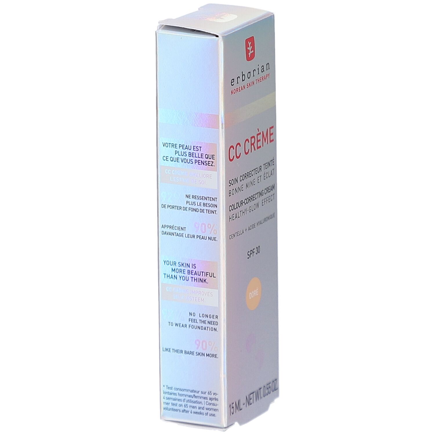 Emballage Erborian CC Crème. Texte: Votre peau est plus belle que vous ne pensez. SPF 30. 15 ml. Fond holographique.