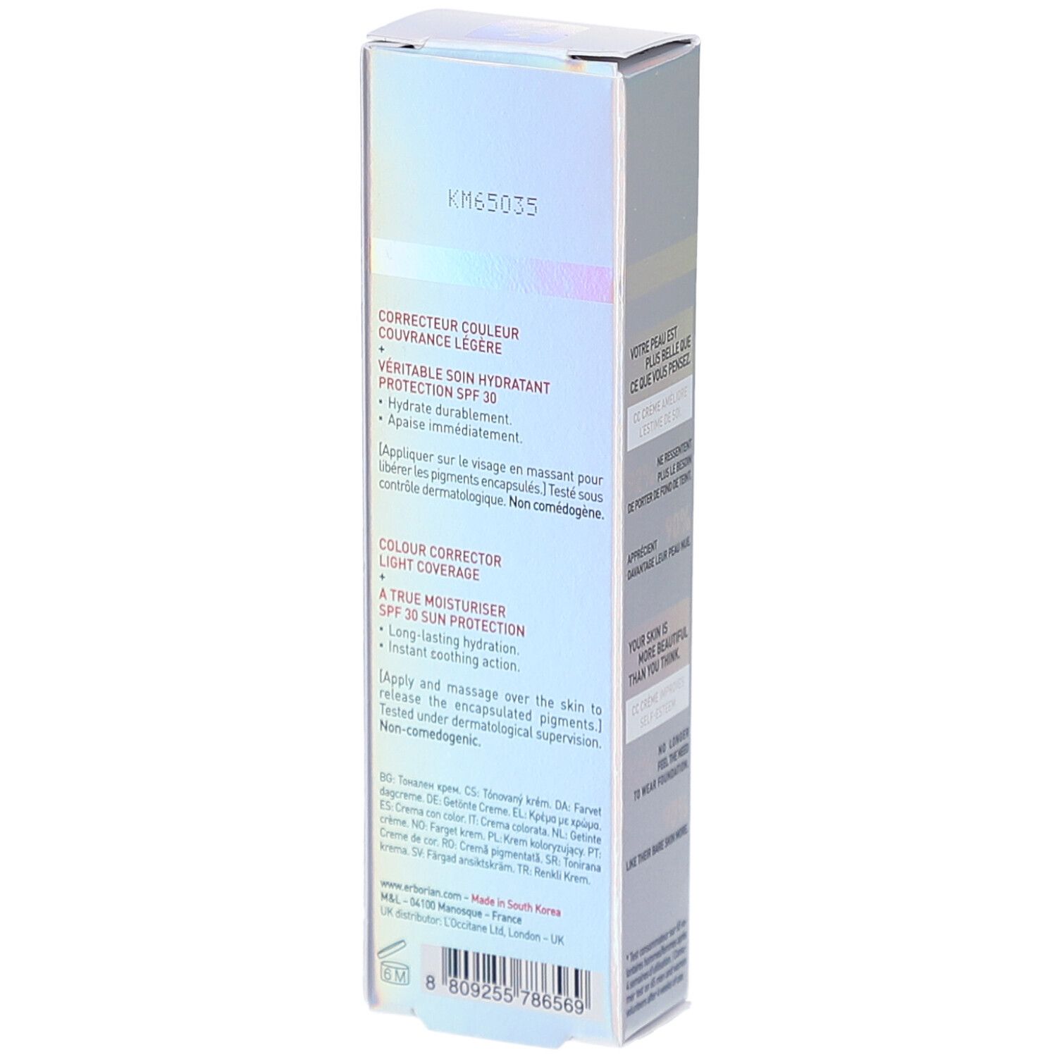 Emballage Erborian CC Crème. Dos avec informations produit. Correction, hydratation, SPF 30. Ingrédients et fabricant.