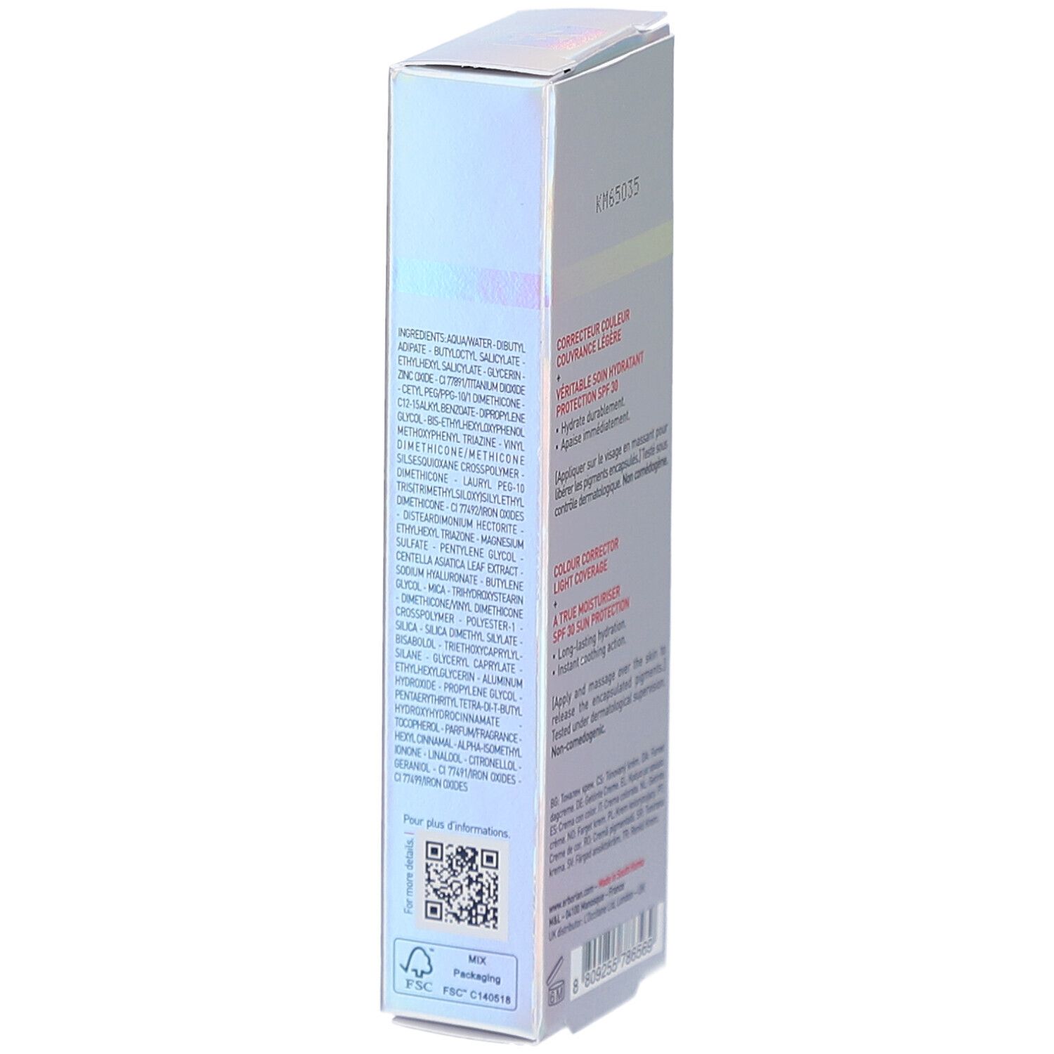 Emballage Erborian CC Crème. Dos avec ingrédients. Correction, hydratation, SPF 30. Code QR et logo de recyclage.