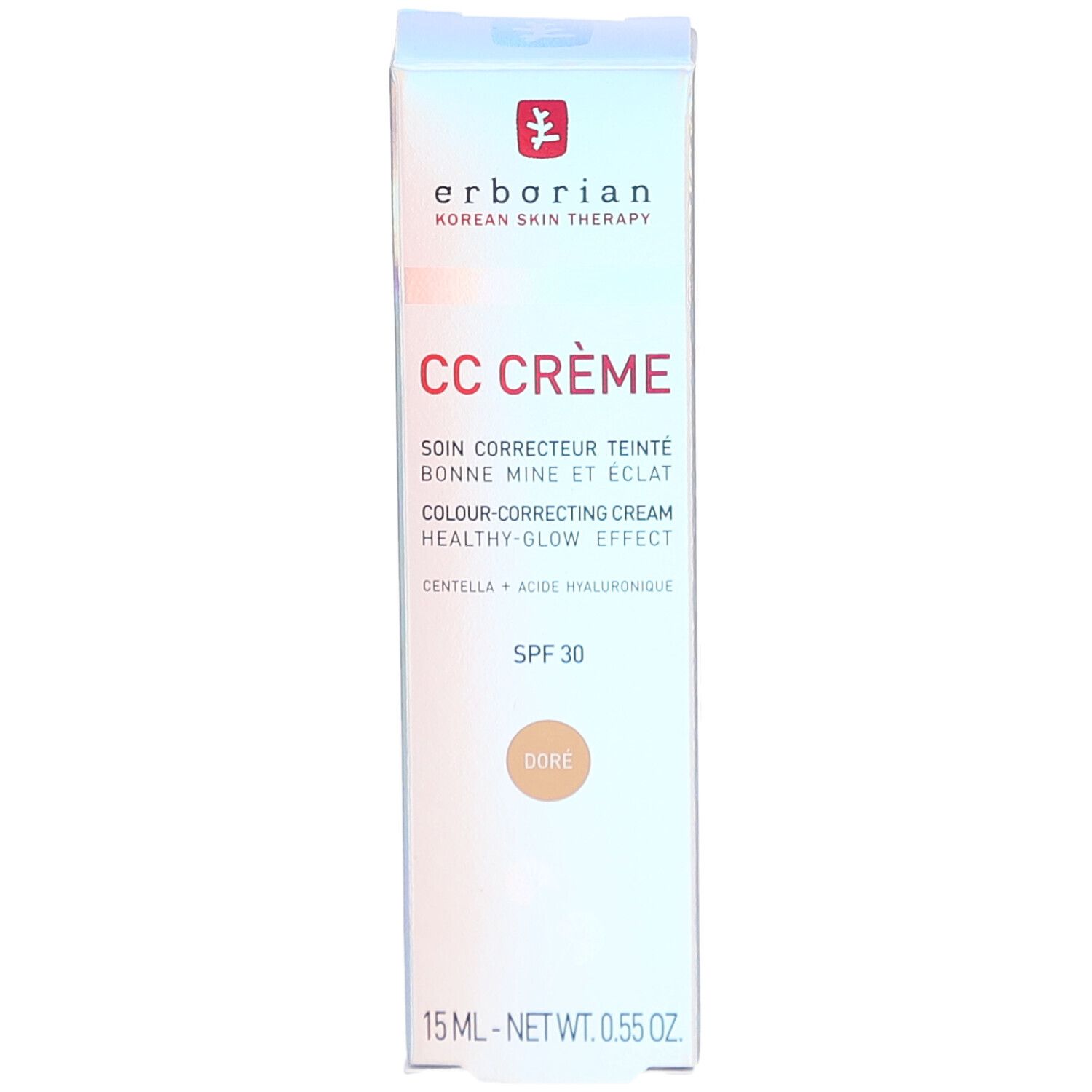 Erborian CC Crème doré, 15 ml. Crème correctrice de teint avec SPF 30. Emballage avec informations et logo.