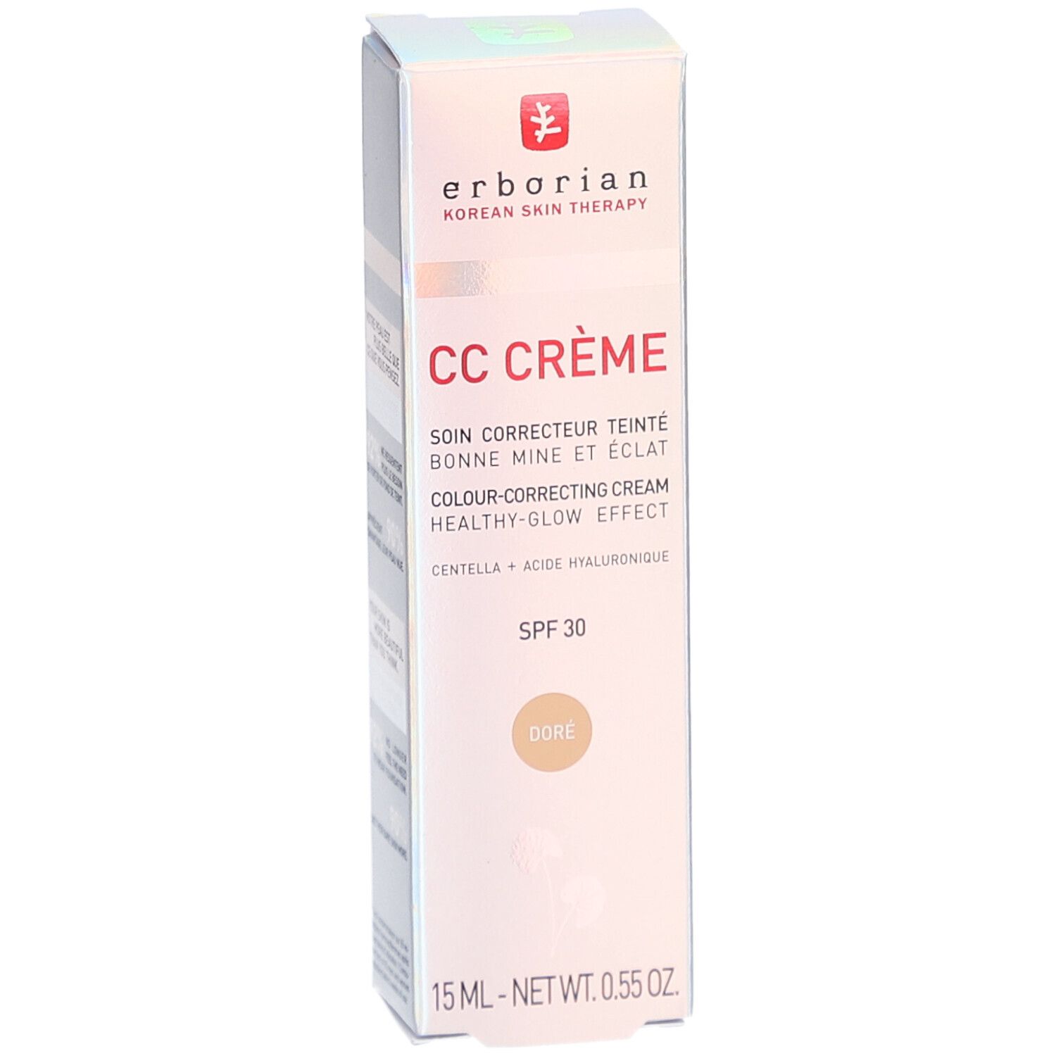 Erborian CC Crème doré, 15 ml. Crème correctrice de teint avec SPF 30. Emballage avec informations et logo.